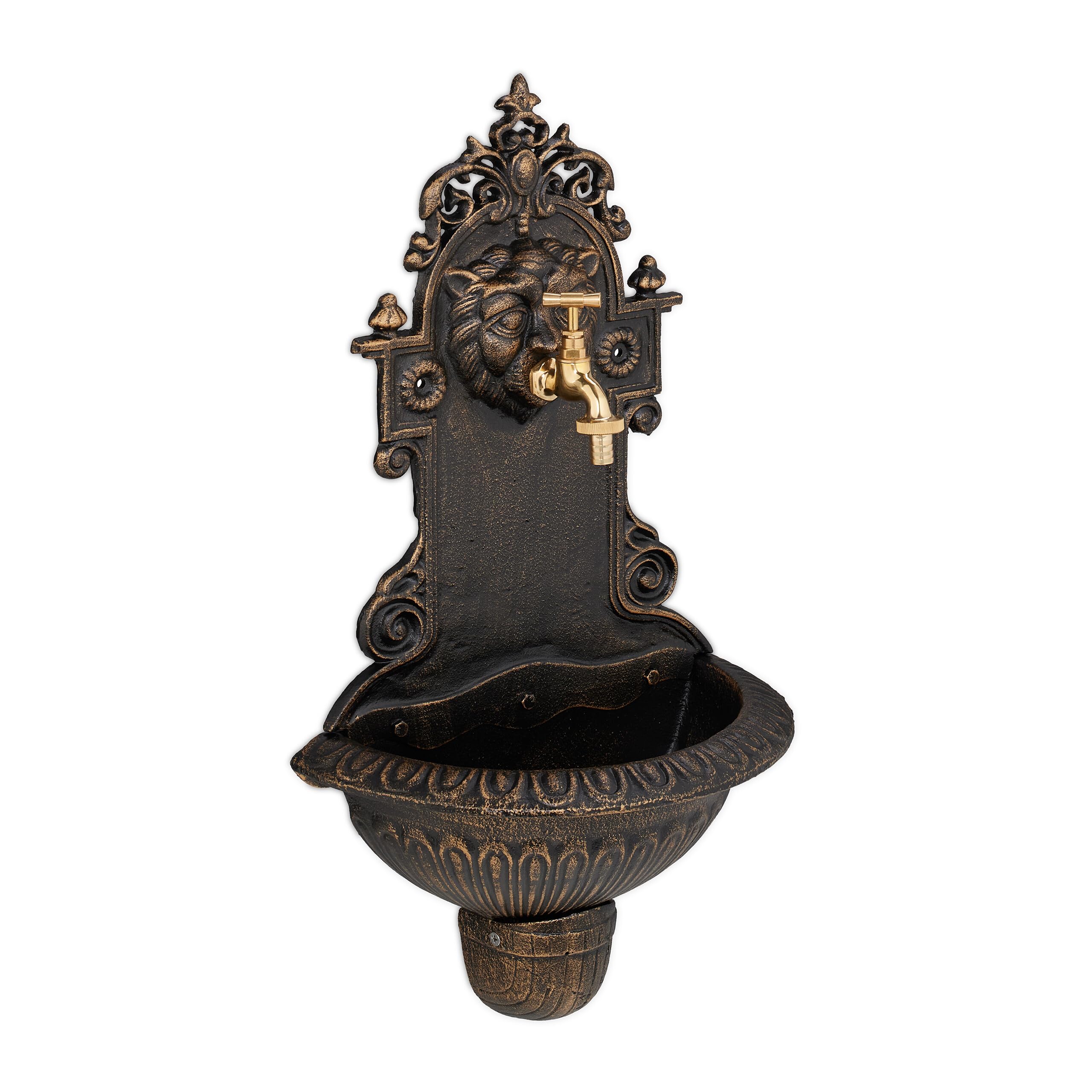 Relaxdays Wall Fountain, Vintage Design, Basin & Water Tap, for Garden & Patio, HWD: 61 x 35 x 18 cm, Cast Iron, Bronze