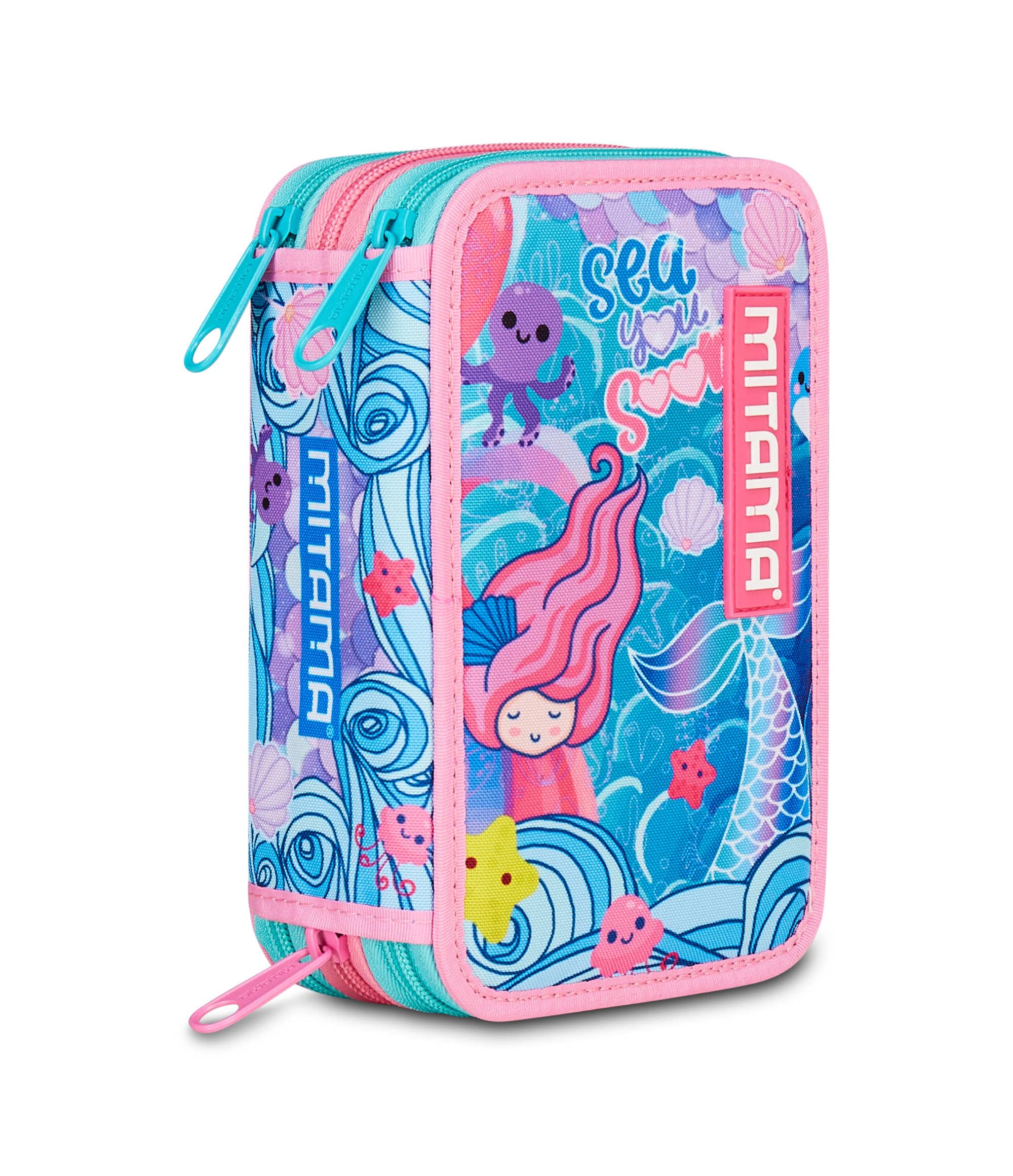 Mitama Astuccio Scuola 3 Scomparti, TRIPLO OCEANVIBES, Contenuto 47 pz, Completo di Matite, Pennarelli, Portapenne Scuola Elementare Bambina