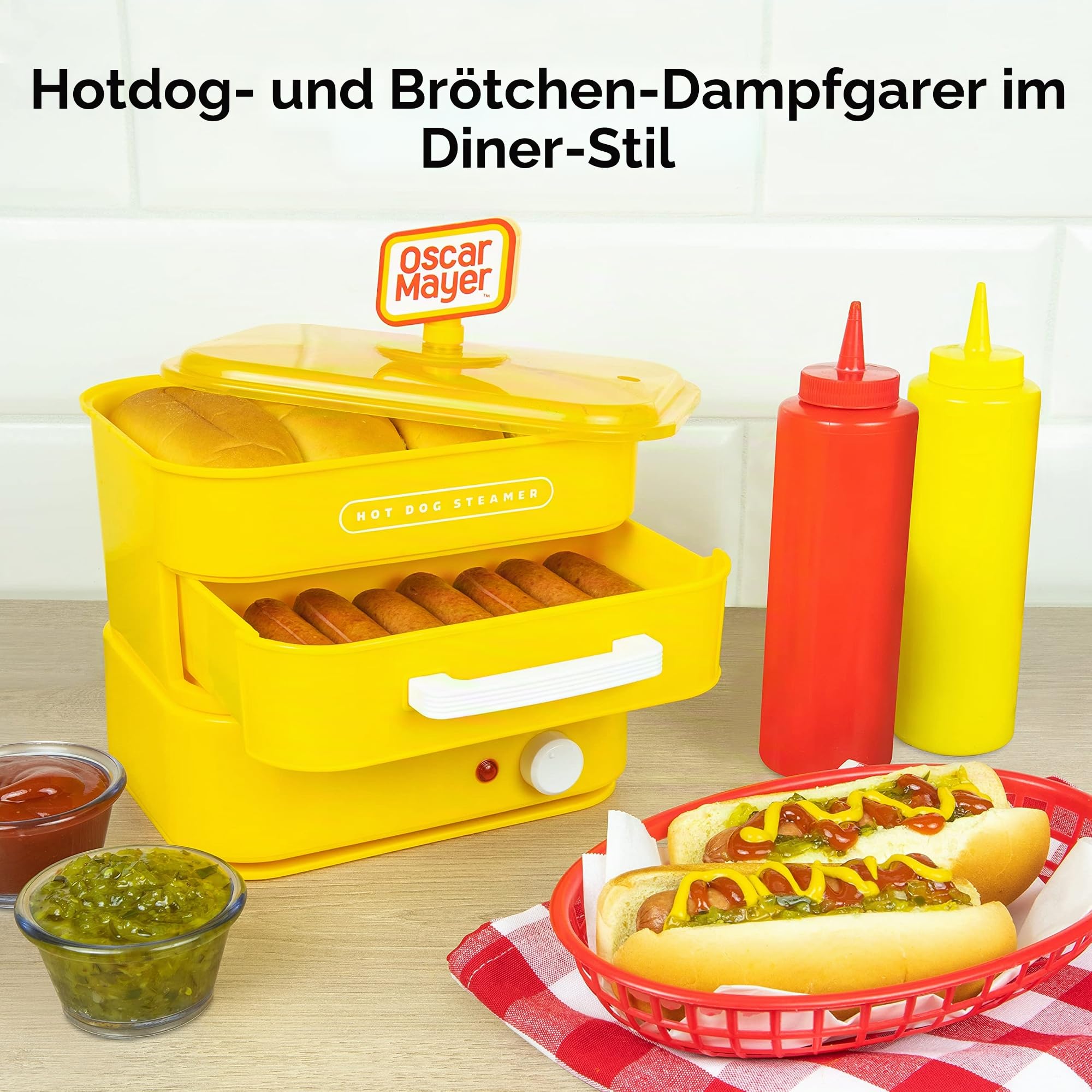 Nostalgia Oscar Mayer Hot Dog Dampfgarer und Brötchenwärmer, 8 Hot Dog und 4 Brötchen, Dampfbrötchen, Würstchen, Gemüse, Fisch, Knödel, Gelb