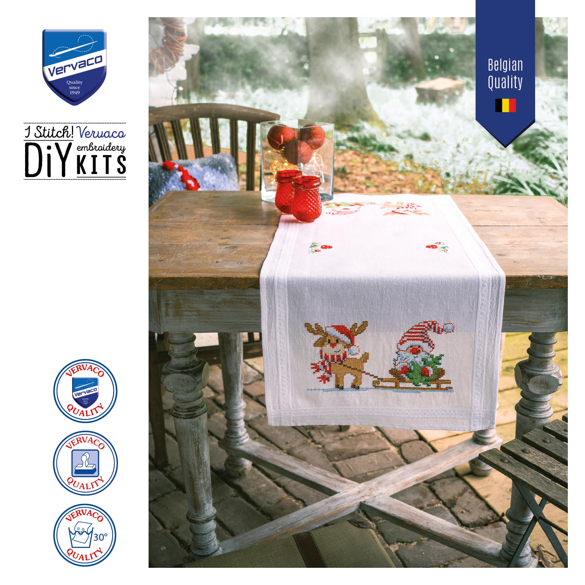 VERVACO Kit Point De Croix Pré-Imprimé Chemin De Table GNOME ET RENNE Broderie Kit Complet Adulte Loisir Créatif Maison Decoration Manuelle Table Cadeou DIYca. 40 x 100 cm Cross Stitch Embroidery