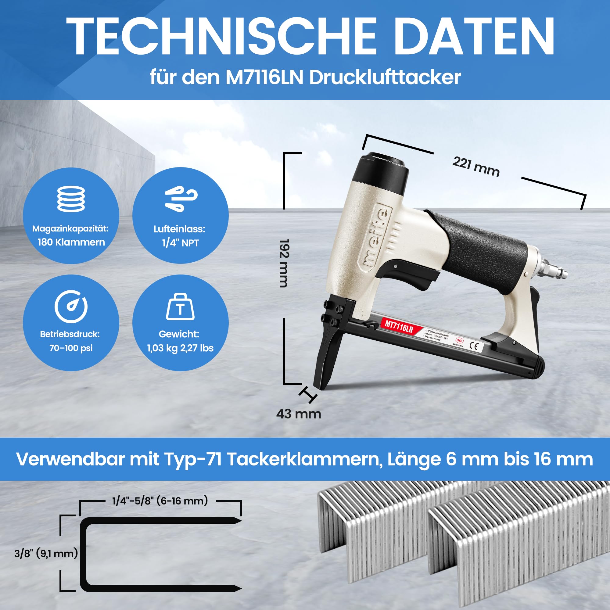 meite MT7116LN Drucklufttacker Typ 71 mit Langnase, Druckluftnagler für 6–16 mm 22Ga Klammern, Industrieller Feiner Langnasen-Drucklufttacker für Polster und Holzarbeiten