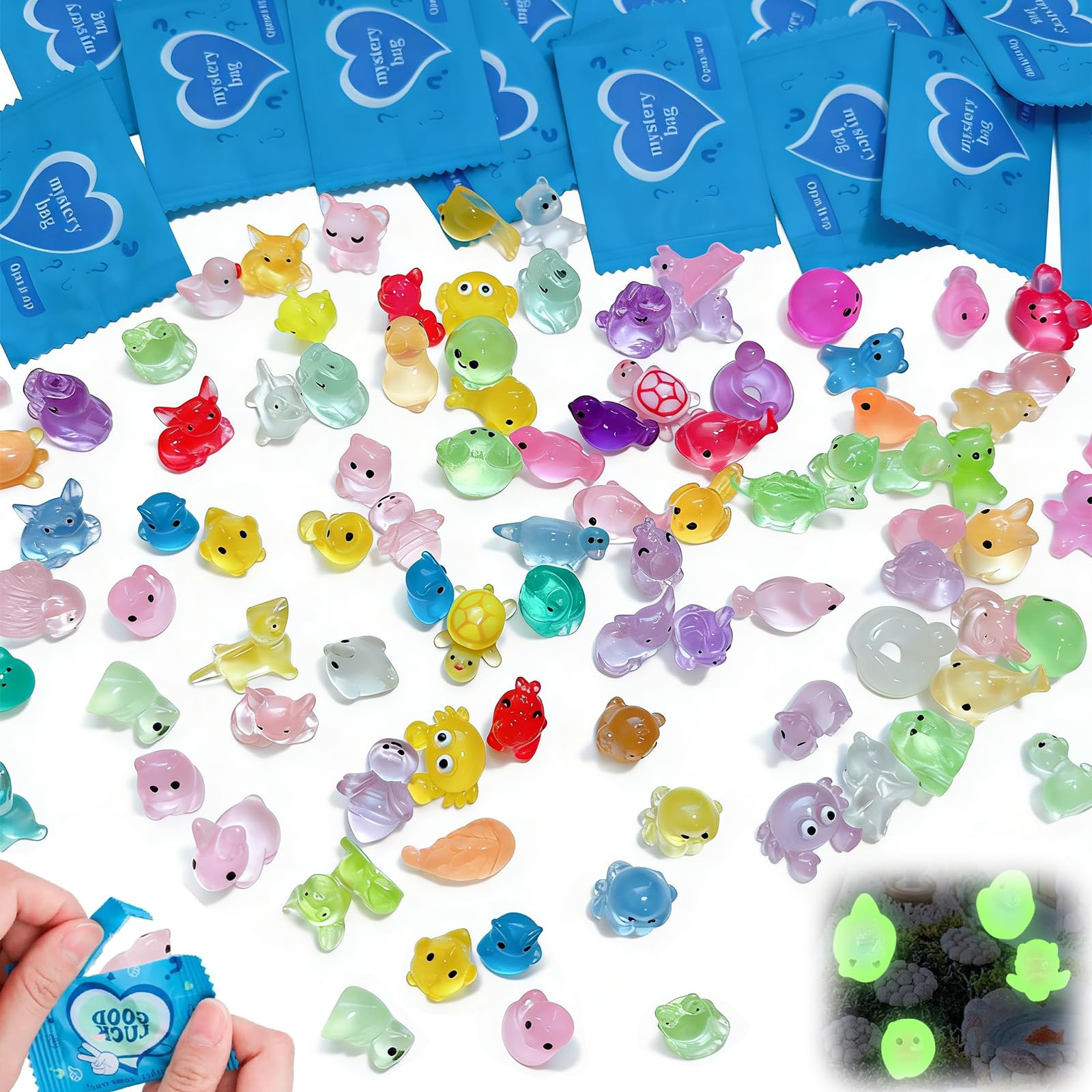 Guttiuaa 200Pcs Tiny Mixed Mystery Bags, Mini Resin Animals, Small Plastic Animal Figures Glow in the Dark for DIY Crafts Party Favors Hide Crafts Decor