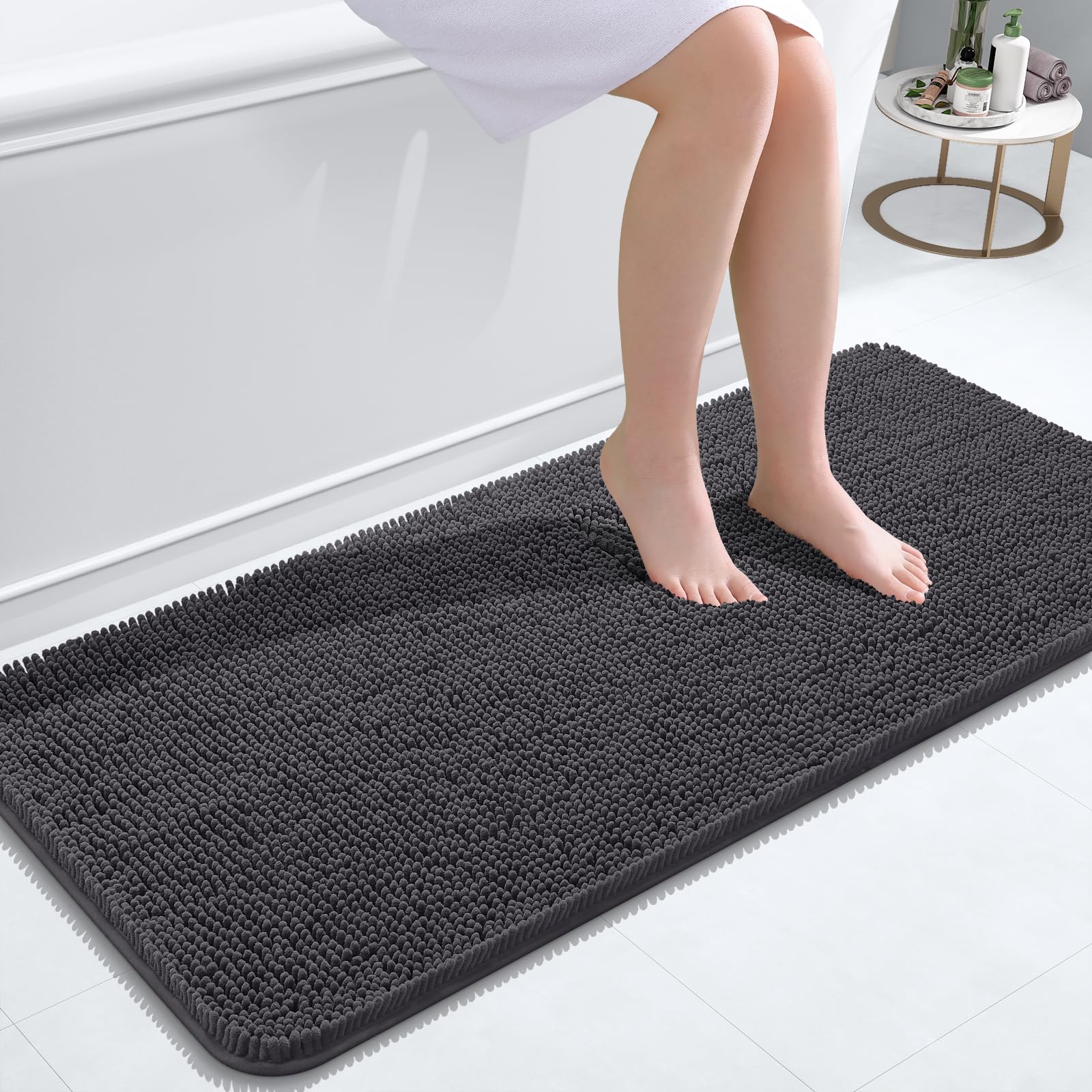 OLANLY Bathroom Runner Rugs 47x20, Extra Soft Absorbent Chenille Bath Rugs | Dark Grey, Quick-Drying Rubber Backing, Washable Long Bath Mat for Bathroom Floor, Tub and Shower, Home Decor Accessories