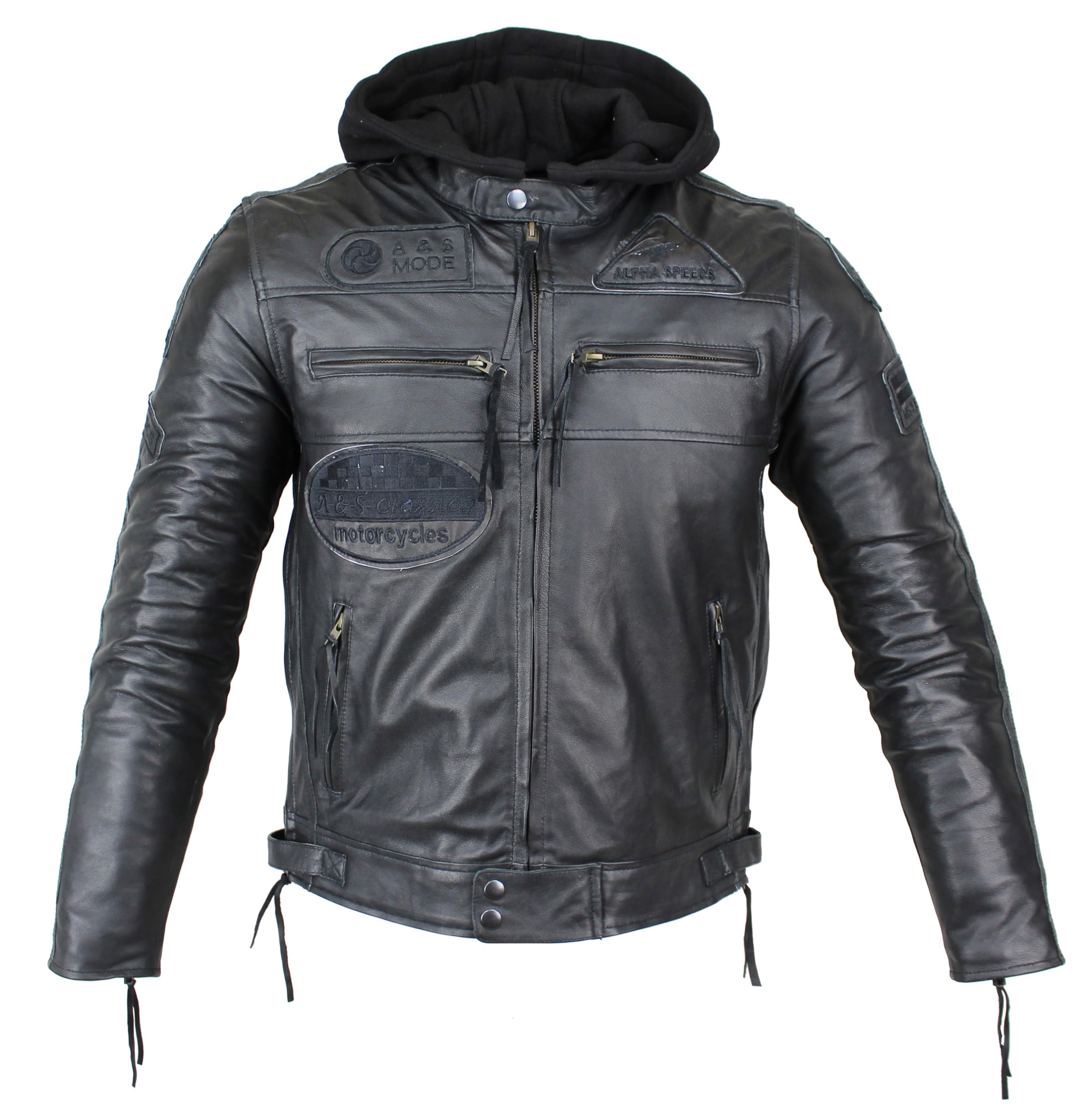 Herren Motorradjacke Lederjacke Biker Jacke mit Protektoren Leder Jacke mit Kapuze Leather Jacket Fashion Jacket Custom (DE/NL/SE/PL, Alphanumerisch, XL, Regular, Regular, Schwarz)