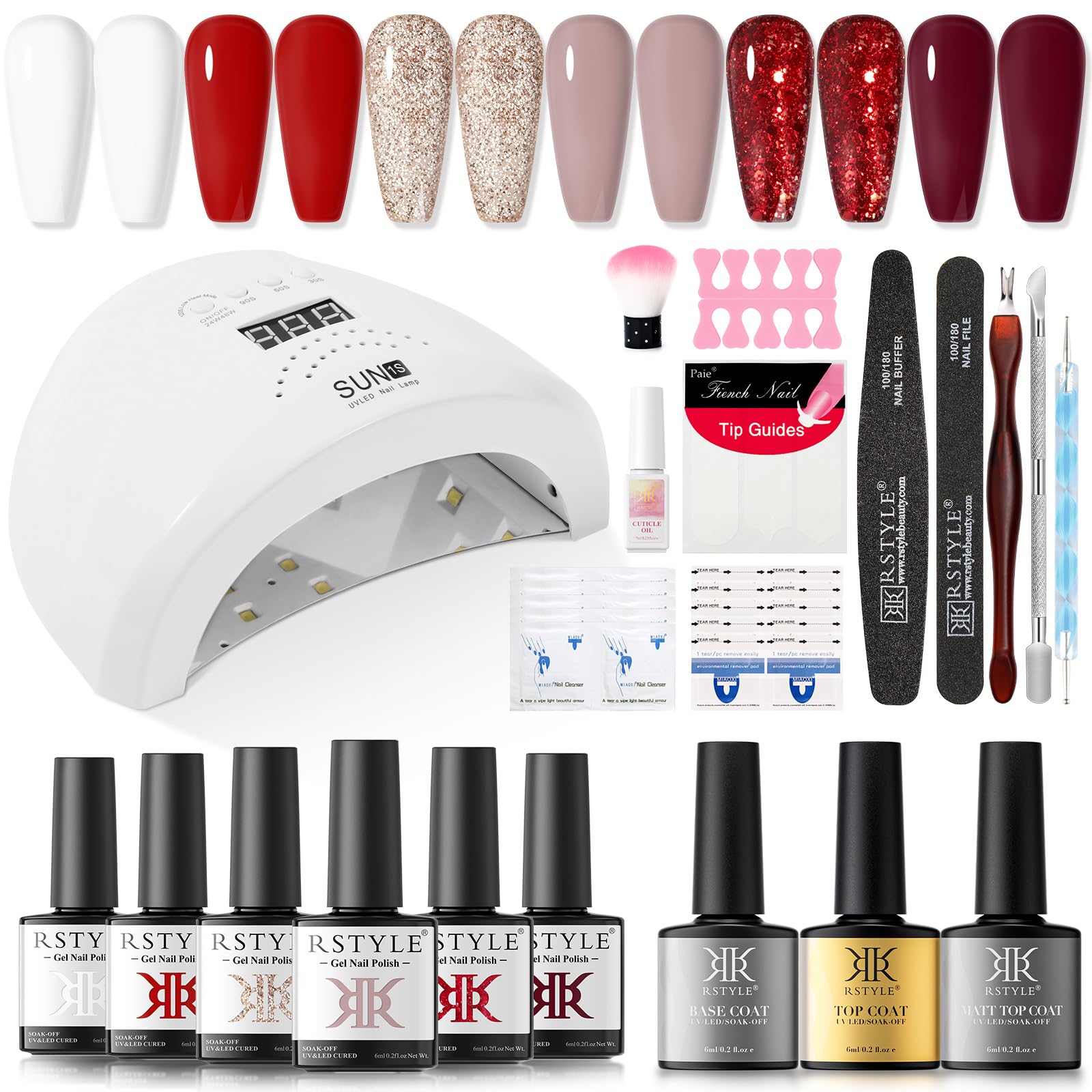 RSTYLE Kit Semipermanente Unghie con Lampada 48W UV/LED, 10 PCS Kit Smalto Semipermanente Unghie Set Semipermanente Unghie Completo Kit Unghie Semipermanente Completo Professionale Natale Rosso Colori1-Rosso