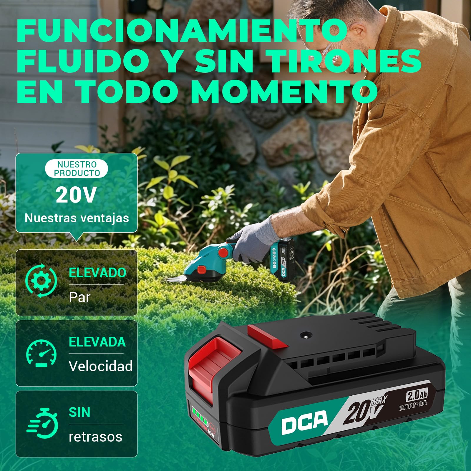 DCA Tijera Cortacésped Inalámbrica 20V Cortasetos y Cortabordes 2en1,2.0Ah