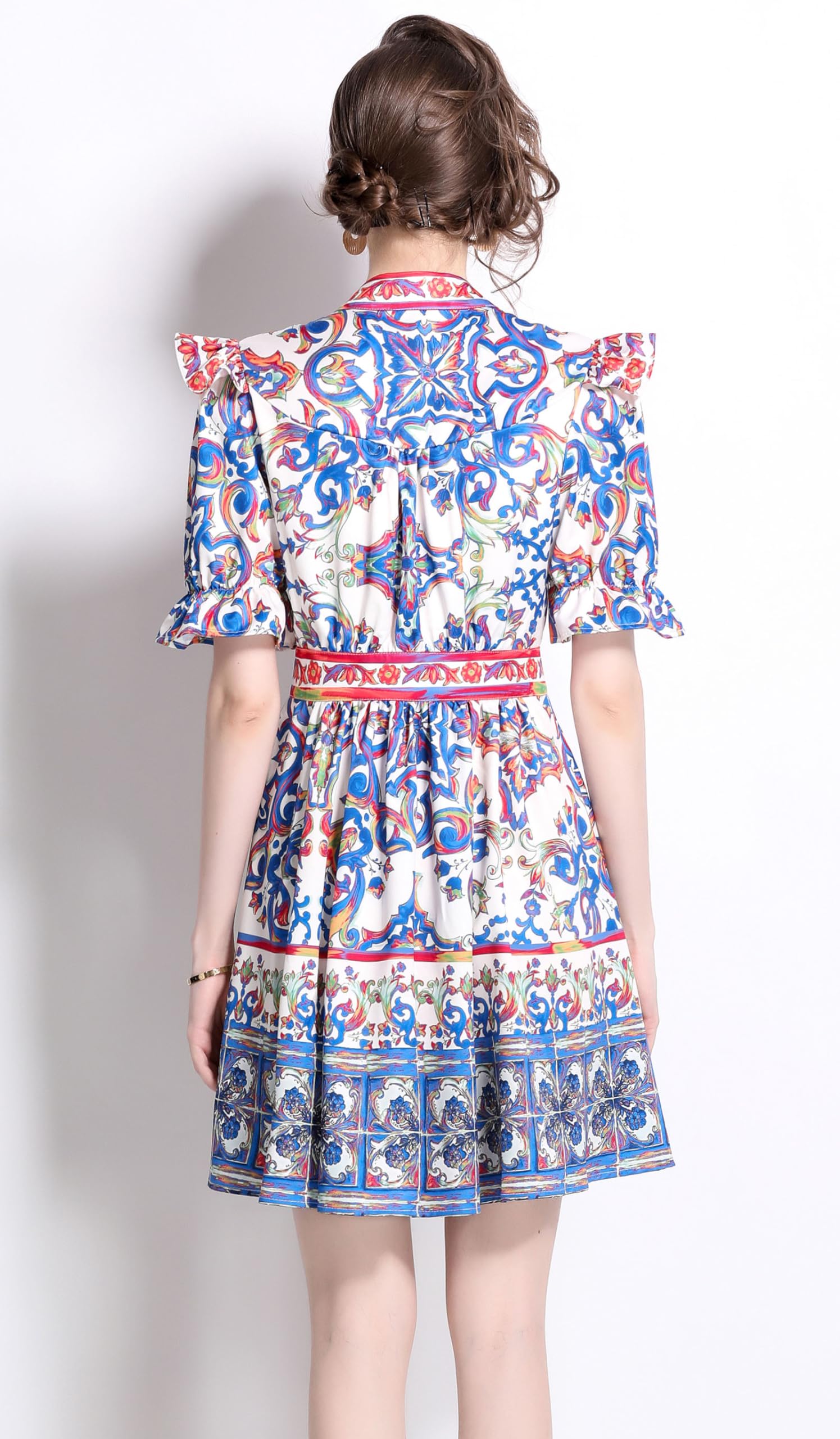 LAI MENG FIVE CATS Vestido corto para mujer, con estampado floral, manga farol, volantes, casual, con botones, cinturón, ajuste holgado