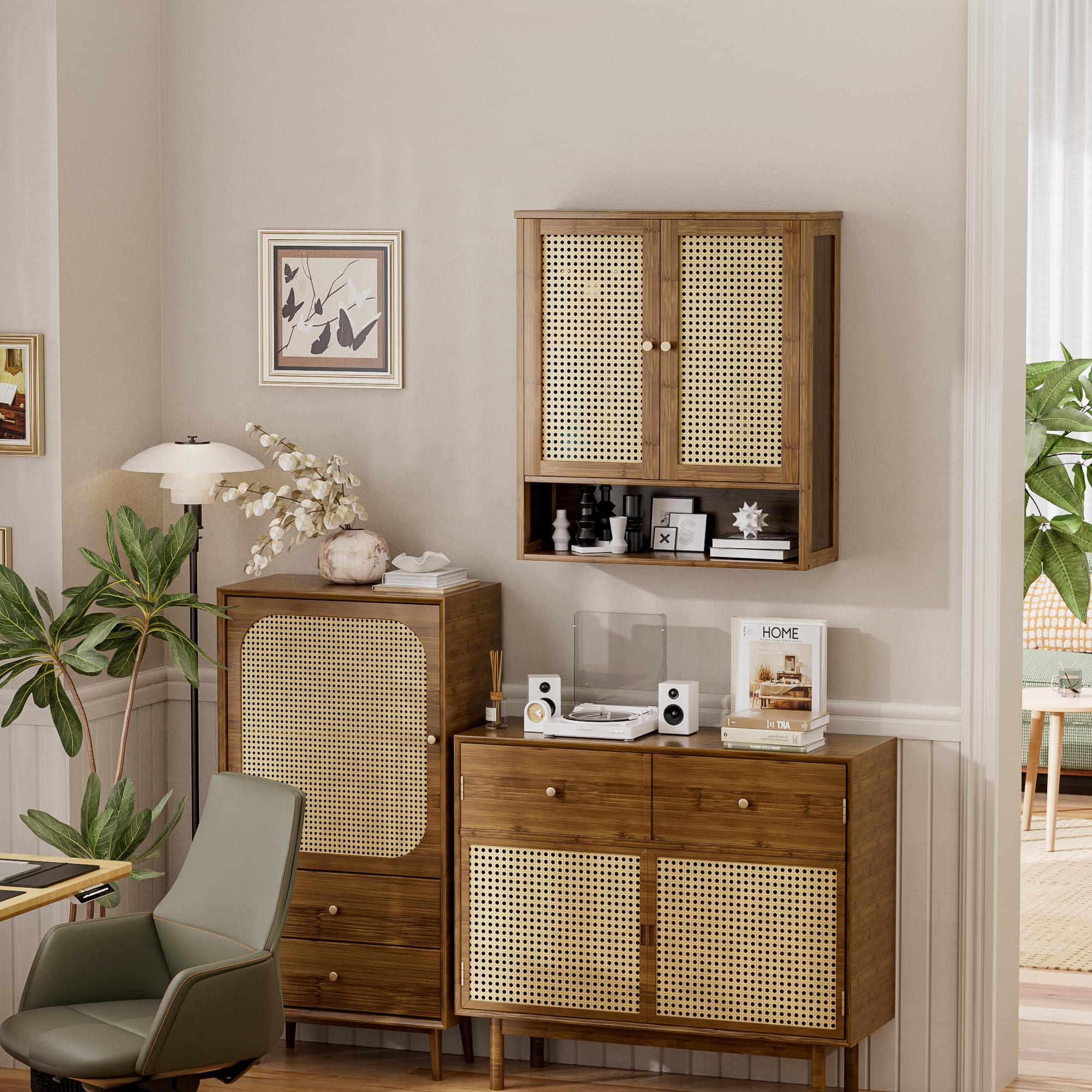 Armoire Murale de Salle de Bain en Bambou avec 2 Portes en rotin et étagère réglable, Armoire à Pharmacie économiseur d'espace pour Linge, Cuisine, Salon (Noyer)