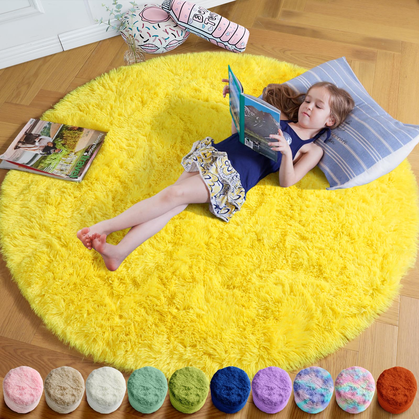 Amdrebio Yellow Round Circle Area Rug 4Ft for Bedroom Living Room, Fluffy Fuzzy Plush Rugs for Kids Room Decor Aesthetic, Cute Furry Shag Kawaii Circular Carpet for Classroom Nursery Dorm Toddler Baby — image 1
