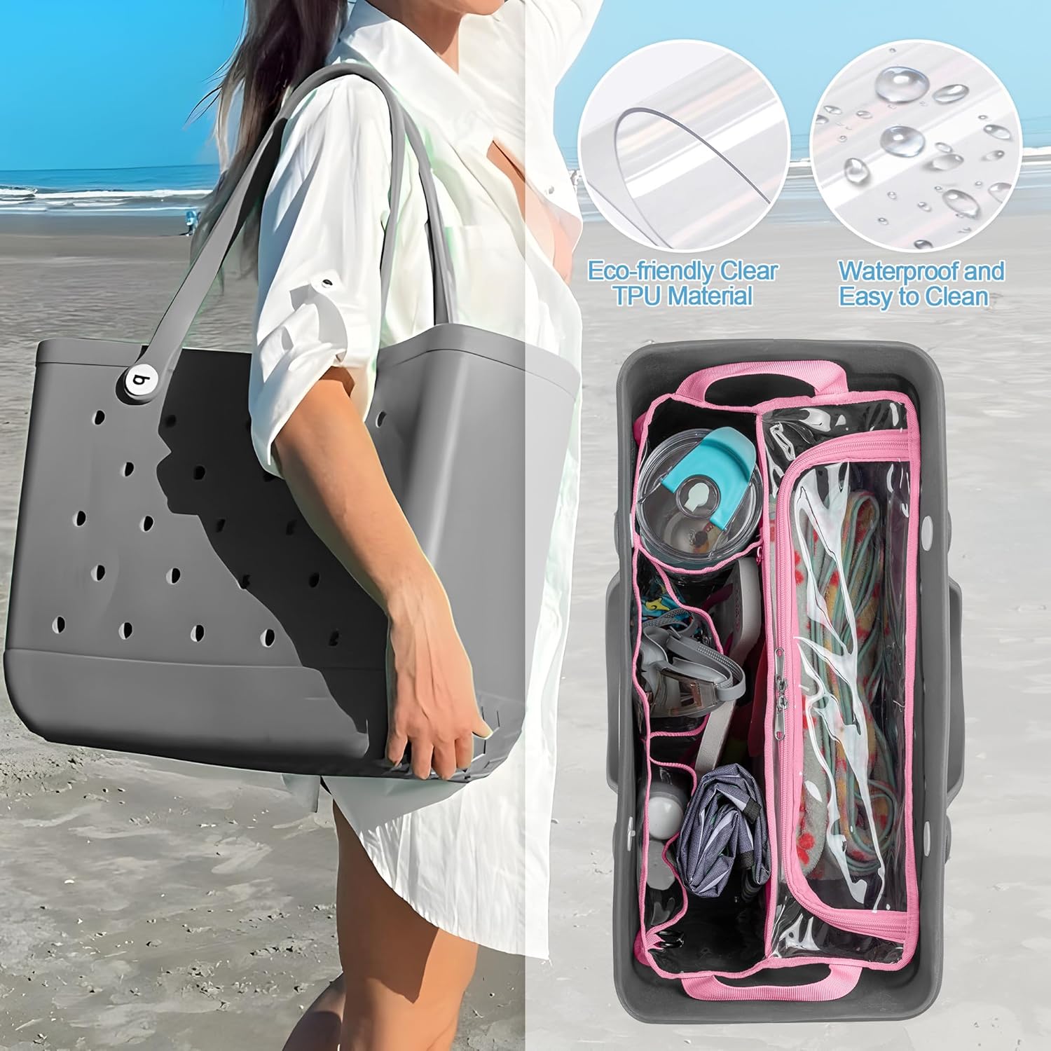 Rexmica Clear Beach Bag Organizer Insert Compatible with BOGG BAG Original X Large, Zipper Organizer Liner Compatible with BOGG BAG Original X Large, Insert Divider Pouch with 2 Compartments, Pink
