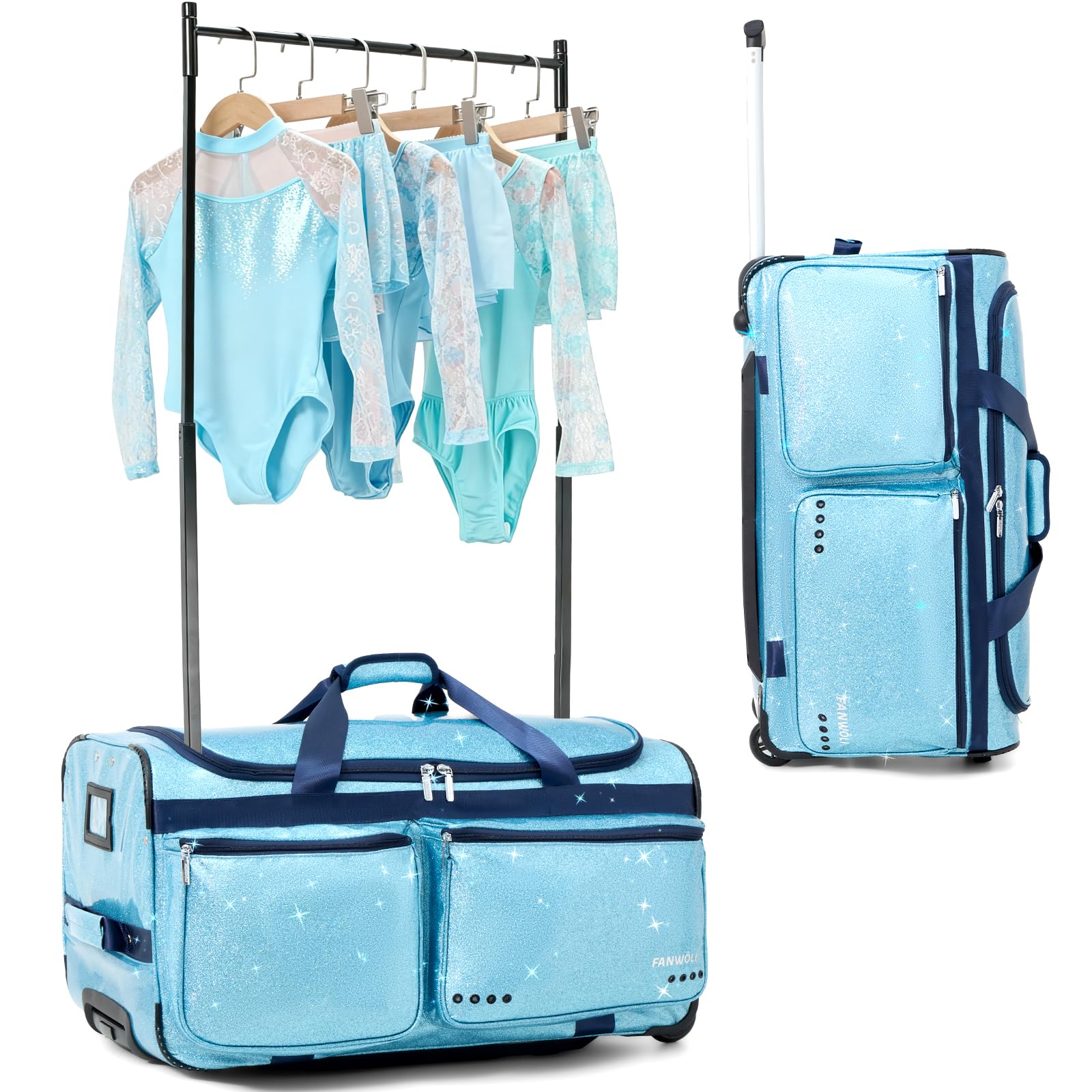 Fanwoli Tanztasche mit Kleiderständer, 71,1 cm, glitzernder, wasserdichter Stoff, Shine-Bright-Kollektion, ideale Roll-Wettkampfausrüstung, Seesack für professionelle Tänzer, Cheerleader, Turner