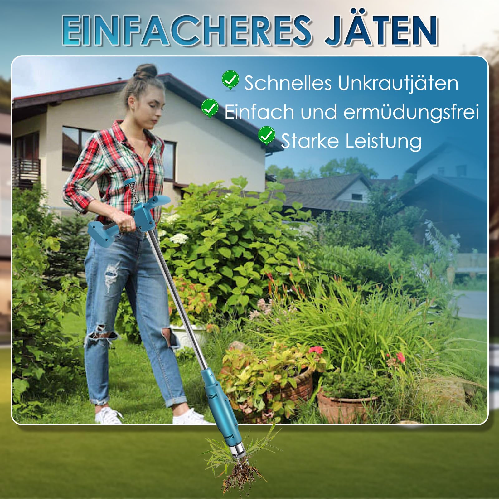 Elektrischer Unkrautstecher für Makita 18V, 100cm Unkrautstecher Löwenzahn mit 3 Stahlkrallen Auswurf-Mechanismus, Unkraut entferner Gerät mit langem Stiel für Garten und Rasen(ohne Akku)