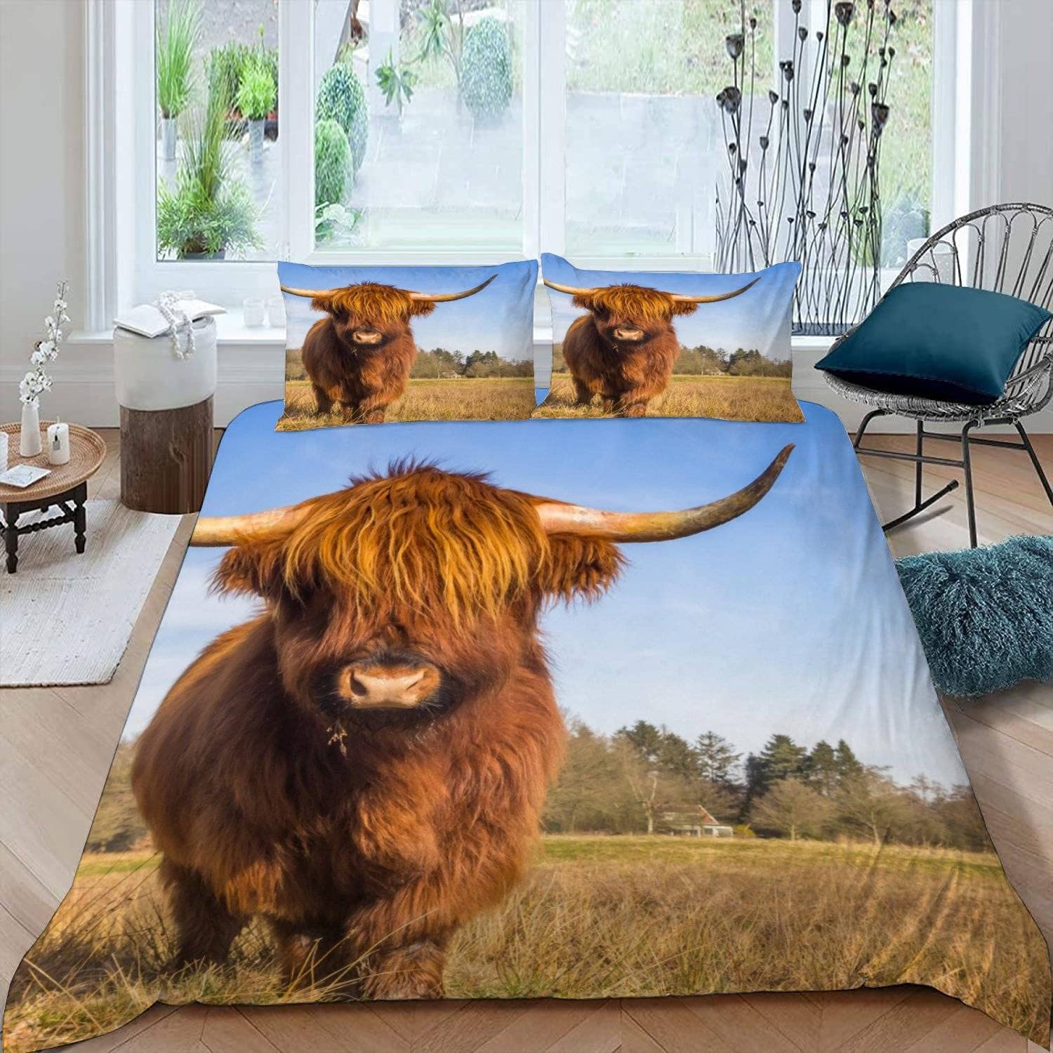 LUORU King Duvet Cover Highland Cows 220x230 cm 3D Farm Animals Cattle Bedding Set with Zipper Closure Ultra Soft Microfiber Kids Boys Girls Teens Comforter Quilt Cover with 2 Pillowcase 50x75