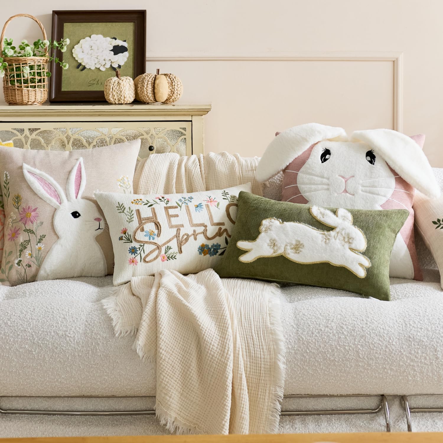 Pack of 2 Easter Throw Pillow Covers 18x18 Inch Embroidered Bunny Spring Decor Soft Living Room Easter Decorative Pillow Cases (Happy Spring, 18" x 18" (Pack of 2))