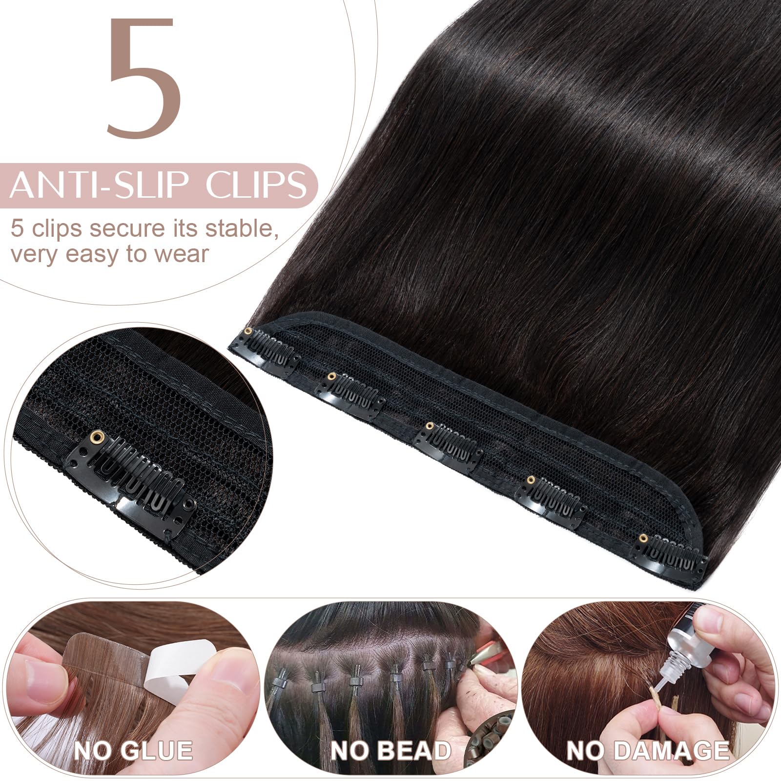 20 inches SEGO One Piece Hair Extensions Clip in Human Hair [#1B Natural Black] Real Remy Hairpieces for Women 3/4 Full Head Straight Invisible (50g) - 2