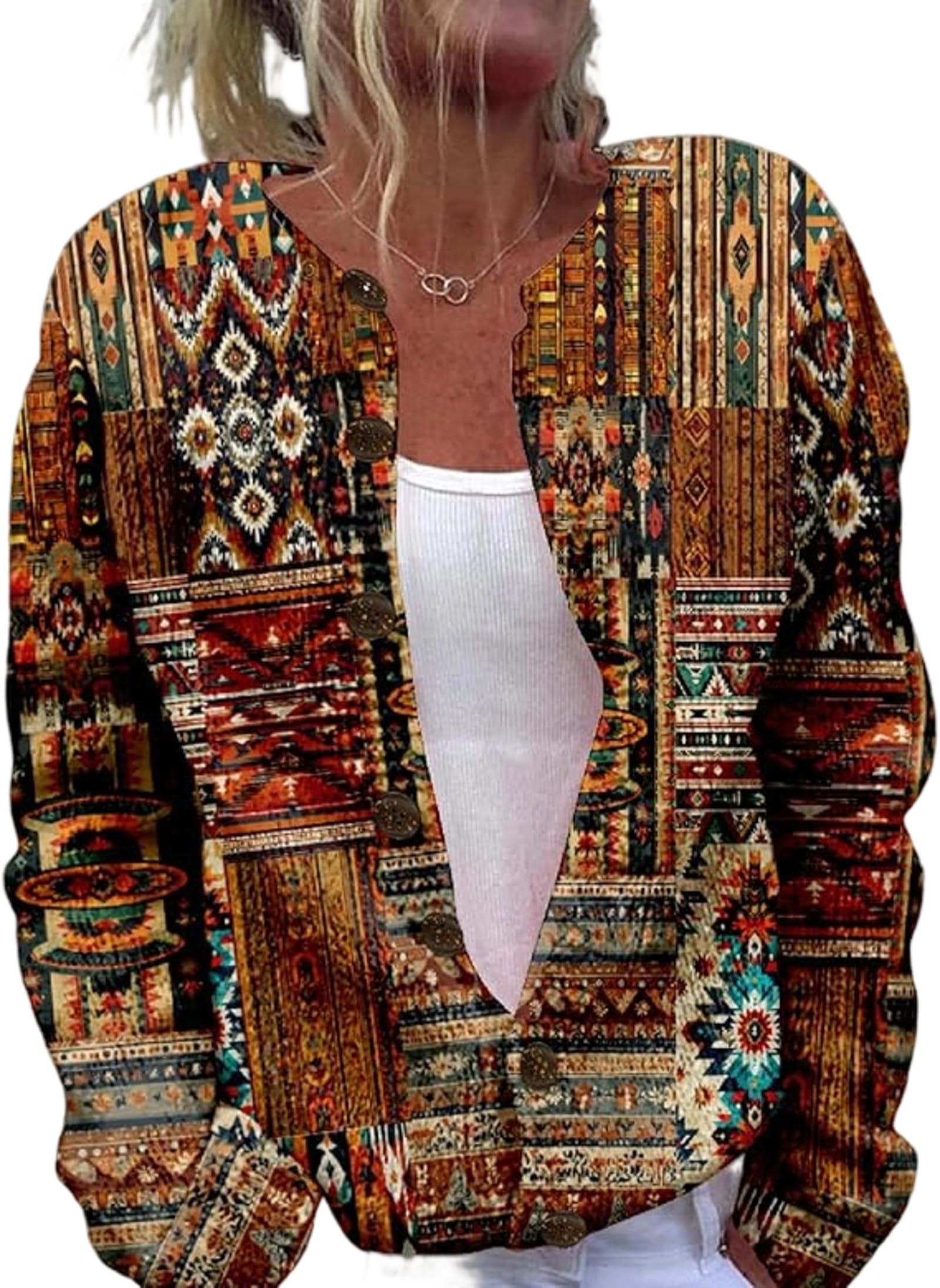 Womens Boho Long Sleeve Knitted Cardigan Button Floral Artistic Printed Outerwear Soft Casual Sweater for Fall Winter