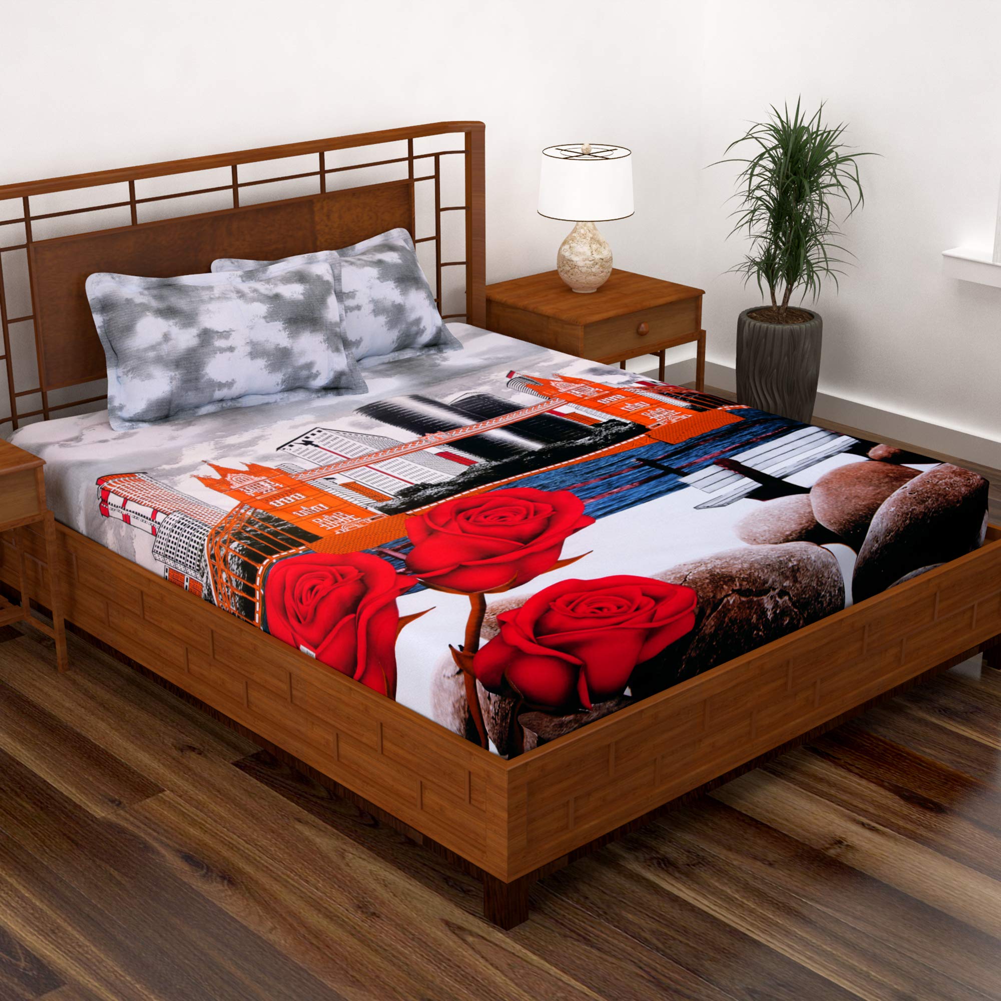 Story@Home 100% Cotton Elegant Valentine Collection 3D Printed Print 1 Double Flat Sheet Bed Sheet and 2 Pillow Covers - Contemporary, Red