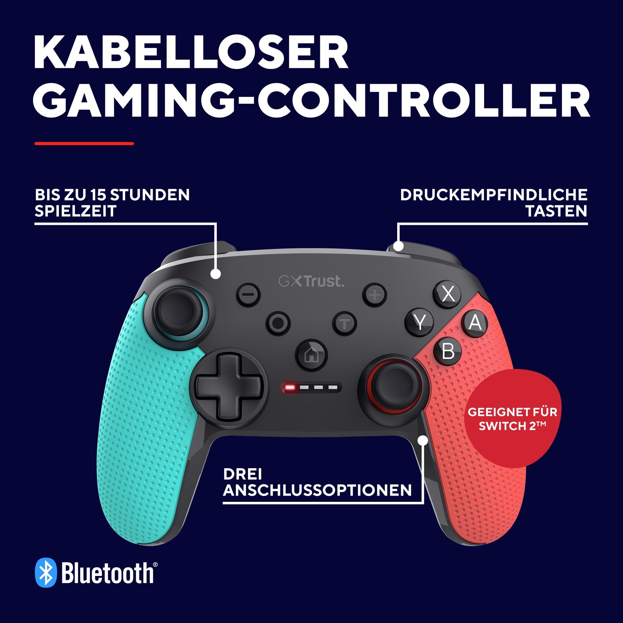 Trust Gaming GXT 1246B Muta Bluetooth Nintendo Switch Controller, Gaming Controller mit Play-and-Charge-Kabel, Dual-Shock-Vibration, 15h Spielzeit, Aufladbarer Akku, für Switch Lite, OLED, Blue Rot