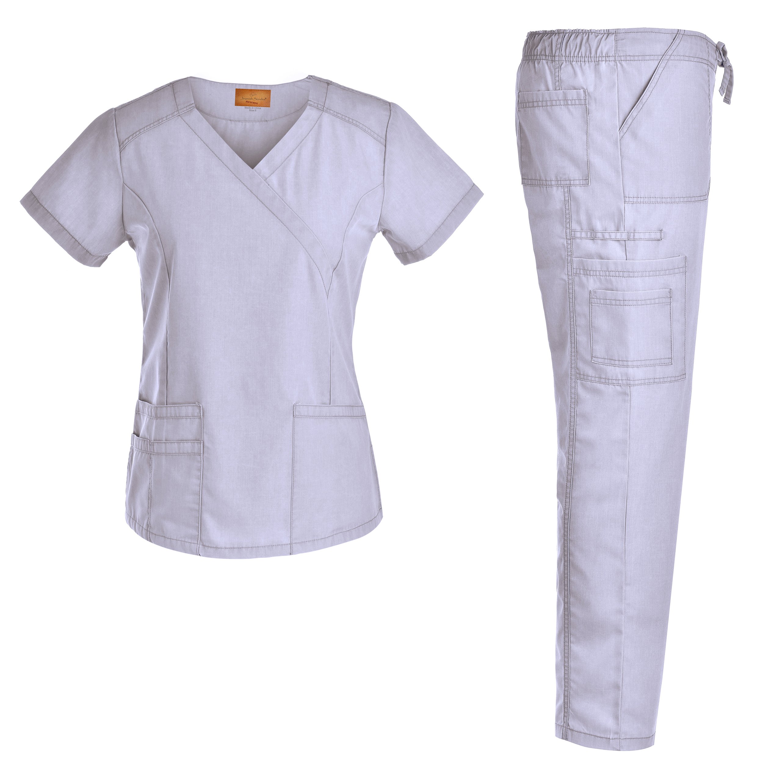 Mock Wrap Scrubs Set Medical Uniforms - Jeanish Washed Workwear with 10 Pockets JS1603