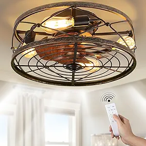 DWVO 18 Inch Caged Ceiling Fans with Lights and Remote, Flush Mount Enclosed Ceiling Fan with 6 Speed Motor, Farmhouse Bladeless Ceiling Fan with Light for Bedroom, Kitchen, Indoor