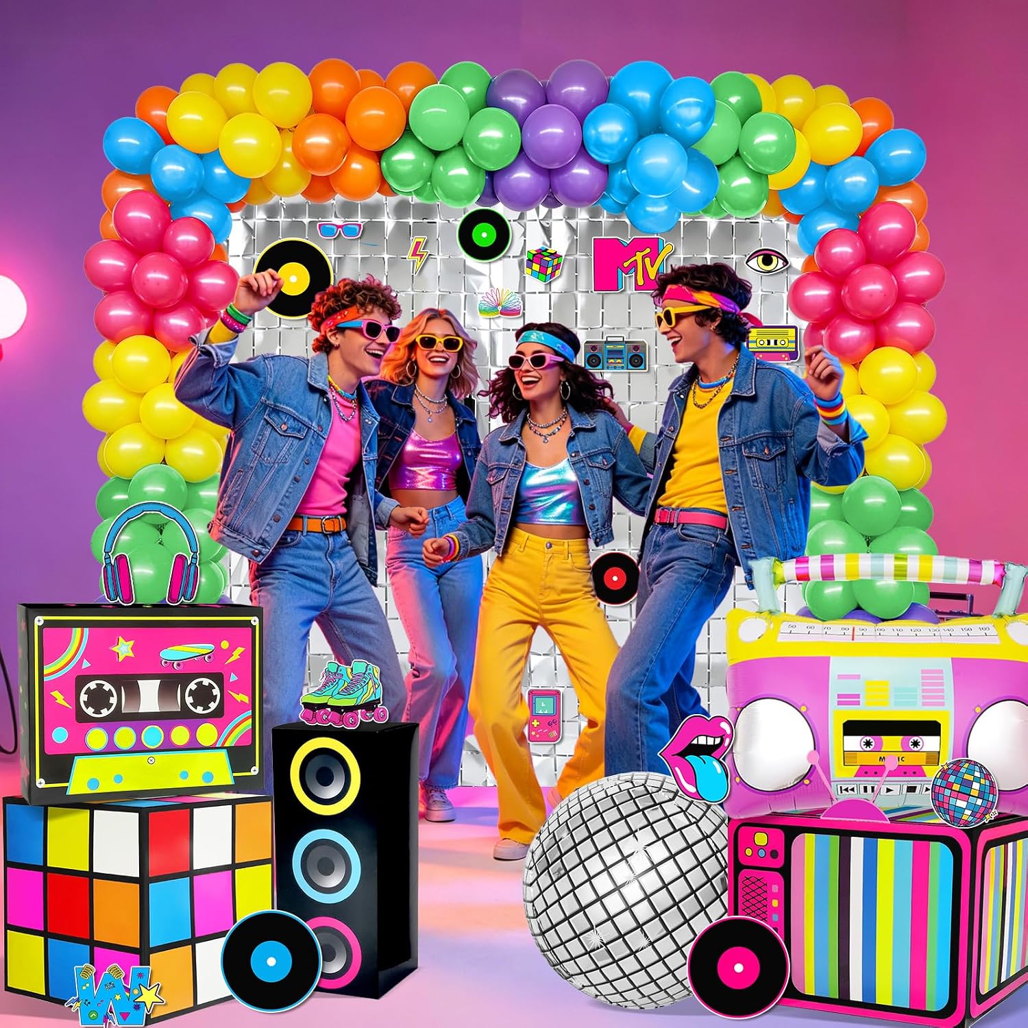 112Pcs 80s 90s Party Decorations: 80s Photo Booth Props with Retro Boxes Silver Shimmer Wall Backdrop Boombox Balloons Stickers 84PCS Balloons 90s Decorations for 1980s Music Theme Birthday Decor