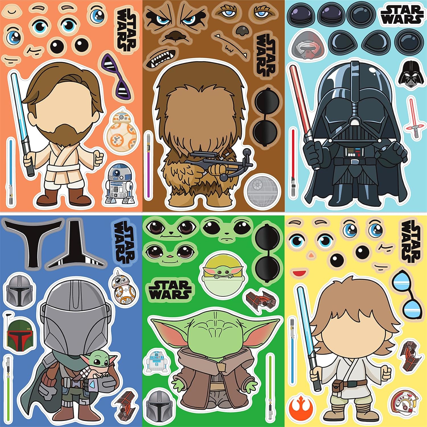 24Pcs Star Wars Make-a-Face Stickers, Waterproof DIY Cartoon Character Sticker Sheets for Teens, 8 Unique Designs (3 Sheets Each) for Water Bottles, Laptops, Party Favors (STW24)