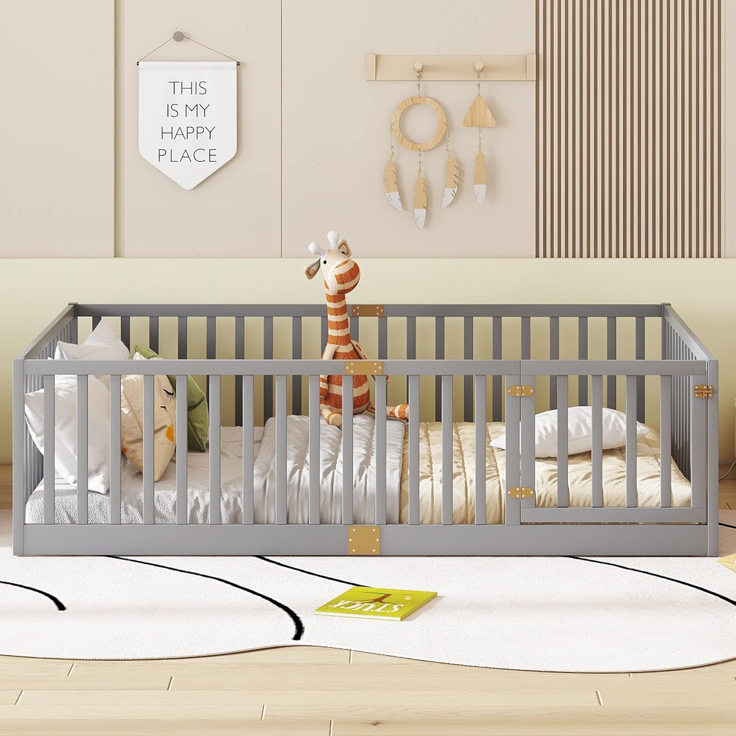 Bellemave Full Size Floor Bed with Slats and Door, Full Size Montessori Floor Bed with Rails, Easy Assemble Montessori Beds Frame for Bedroom, Gray