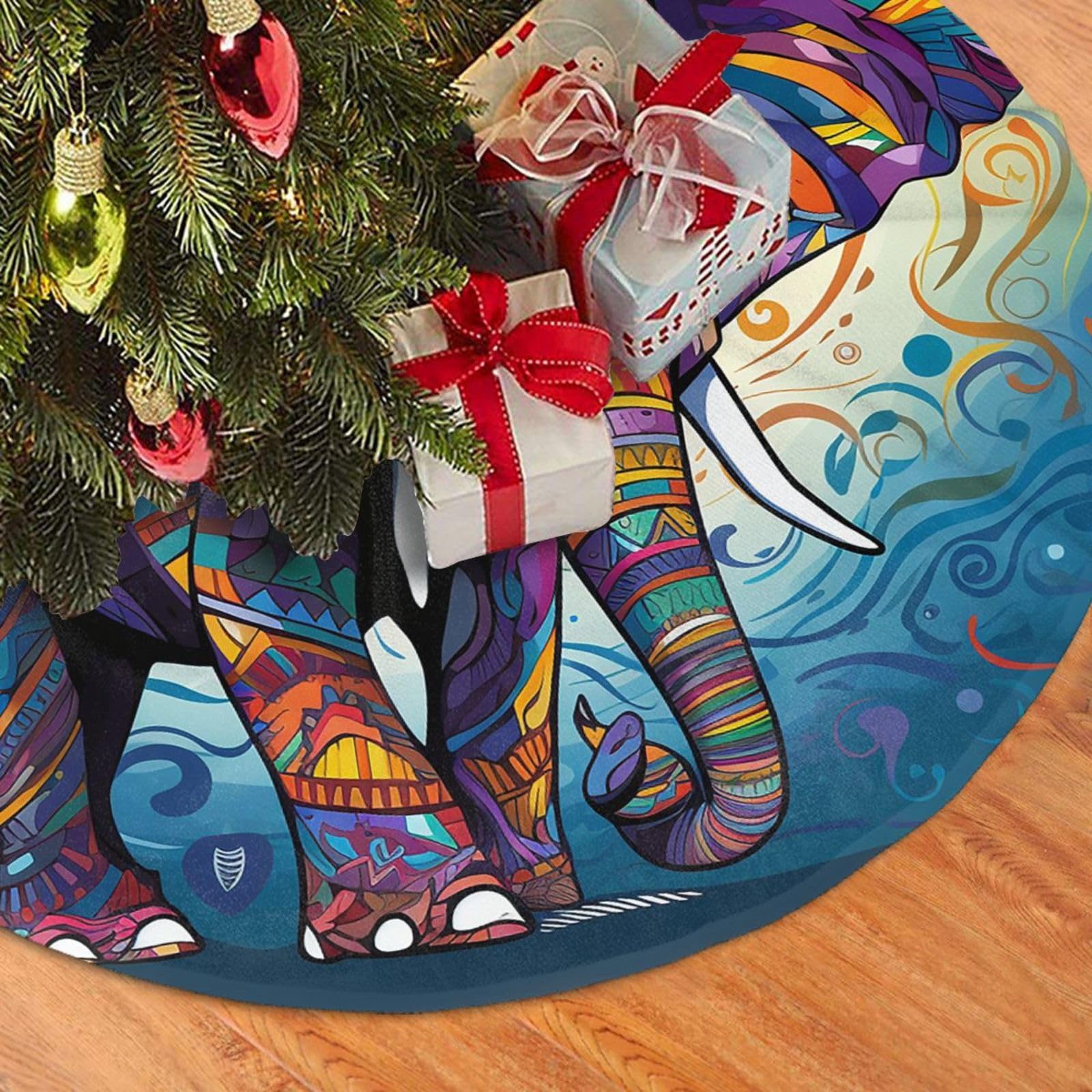 Fodpand Black Colorful Elephant Christmas Tree Skirt 36" Velvet Xmas Tree Skirt Mat Rustic Christmas Tree Mat Cover Winter Xmas Tree Collar For Indoor Outdoor Christmas Decorations