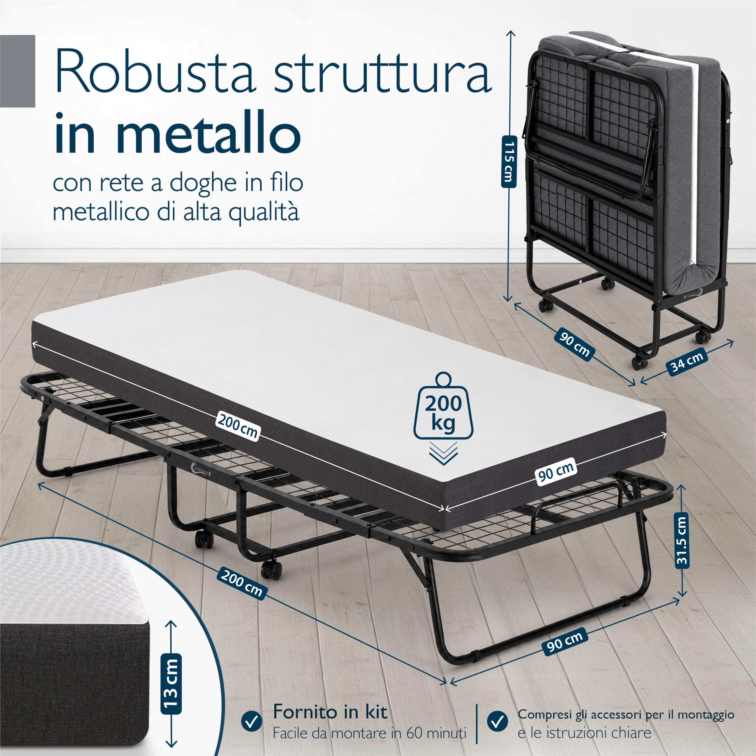 Beautissu Letto Pieghevole con Materasso Memory Foam per adulti 4 ruote | 90x200cm 13cm fino a 200 kg 4 frenabili salvaspazio con copertura brandina ospiti rotelle branda richiudibile Traumkraft D