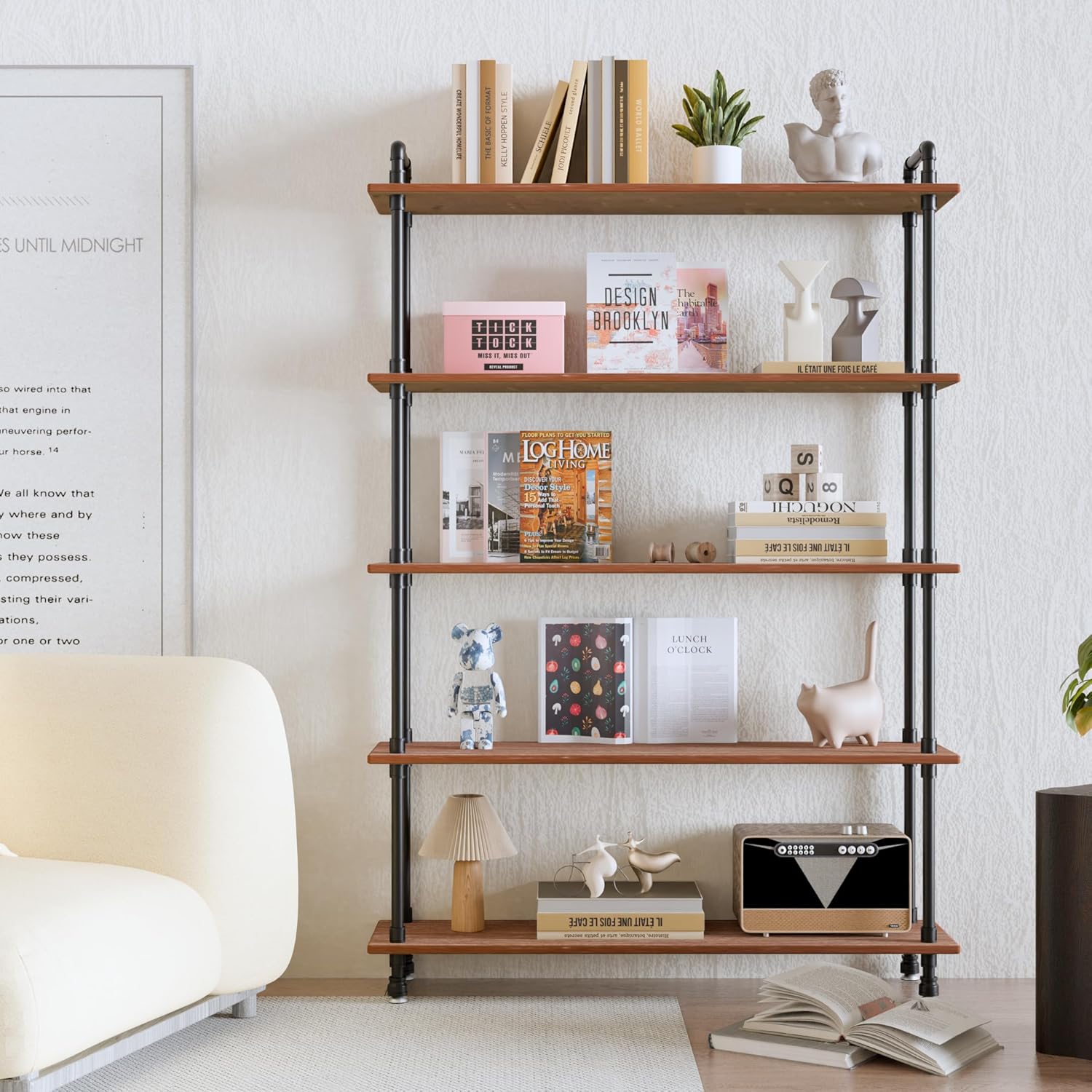 Industrial Bookshelf, 5-Tier Pipe Shelf, Wall Mounted Bookcase for Home and Office (Weathered Brown, 48" L x 11.8" W x 70" H)