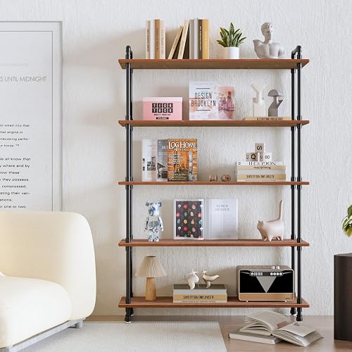 Industrial Bookshelf, Rustic Open Bookcase, 5 Tier Wood and Metal Bookshelf, Solid Pine Wood and Iron Pipe Tall Narrow Storage Shelf for Living Room Bedroom Office Kitchen