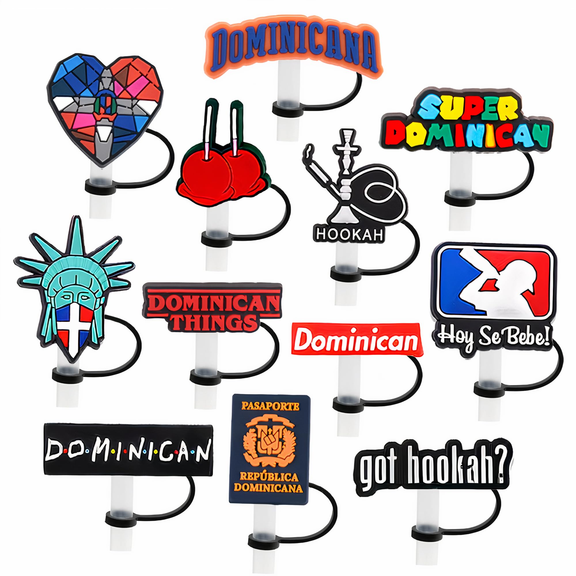 12 Pcs Dominican Straw Covers, Reusable Dust Proof Nation Straw Cover, Straw Tip Toppers For Party Holiday Birthday, Silicone Straw Caps, Soft Portable Protector For 6-8 mm Straws