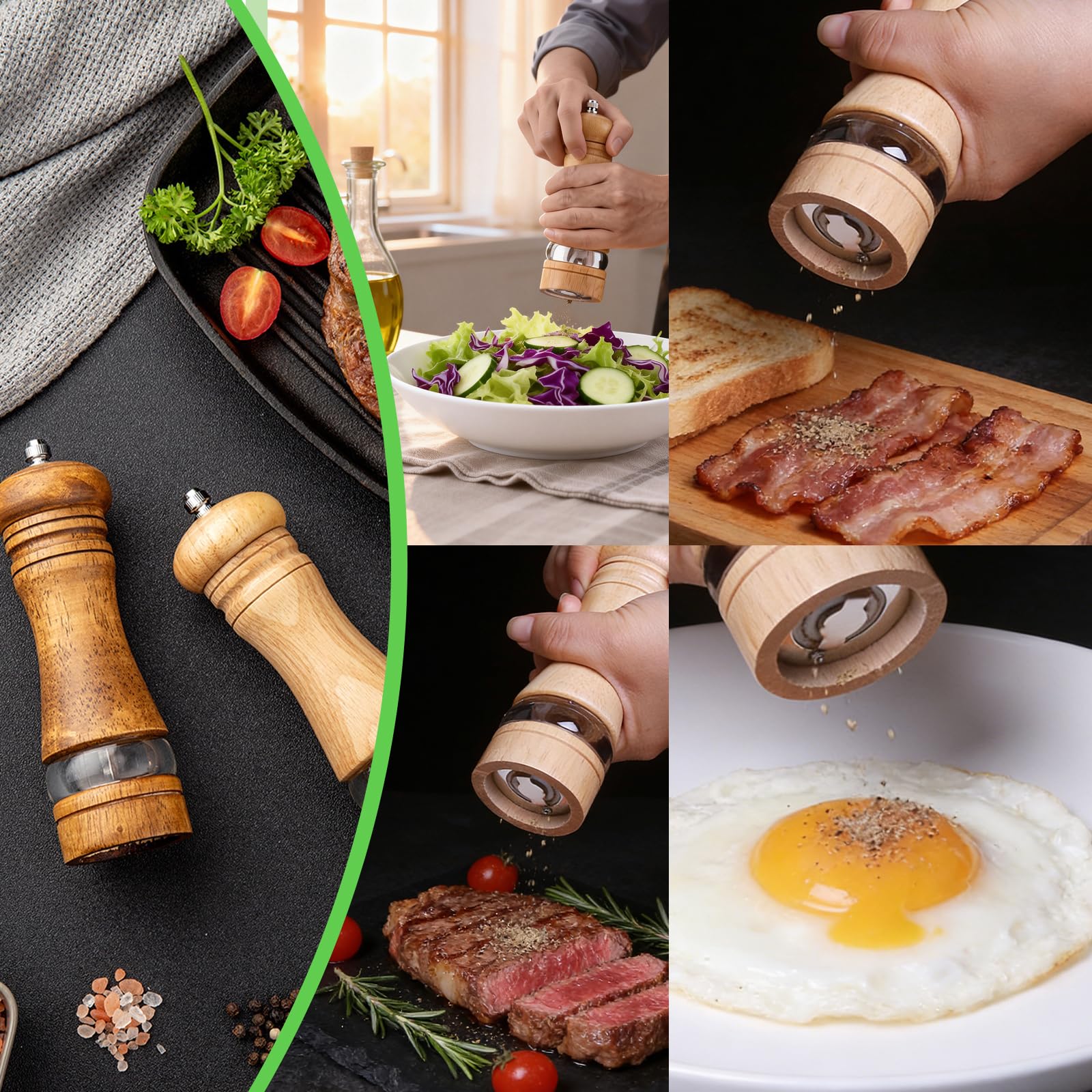 Set Macina Sale e Pepe in Legno, 2 Pezzi da 16,5 cm, Macina Pepe Manuale con Meccanismo in Ceramica Regolabile, Vassoio e Pennello per Spezie, Cumino, Sesamo, Paprika