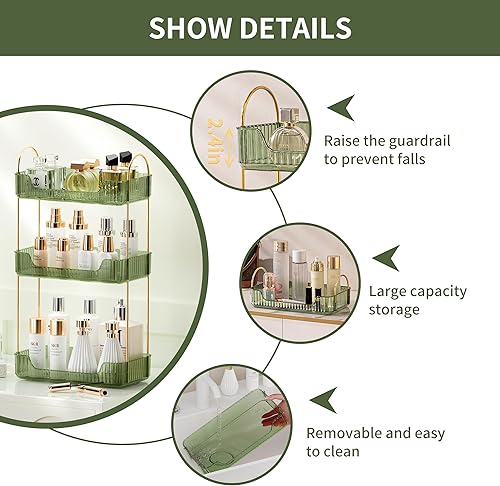Miniatura 5 de Organizador de baño de 3 niveles, bandeja de perfume de maquillaje, organizador de cuidado de la piel para tocador de baño (verde)