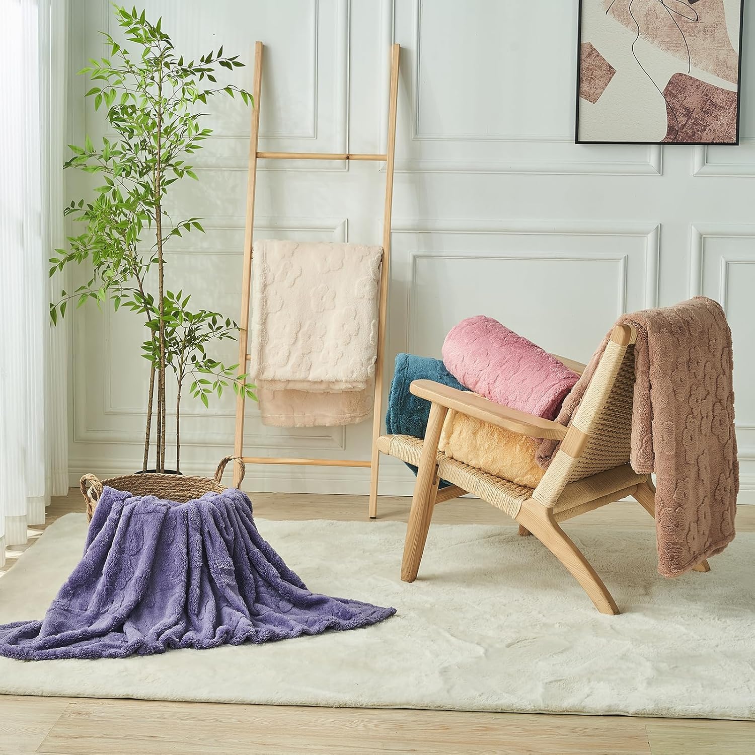 FY FIBER HOUSE Flower Throw Blanket Ultra Soft Blanket Fuzzy Blanket for Bed Couch Sofa, 50"x60", Light Yellow - Image 7