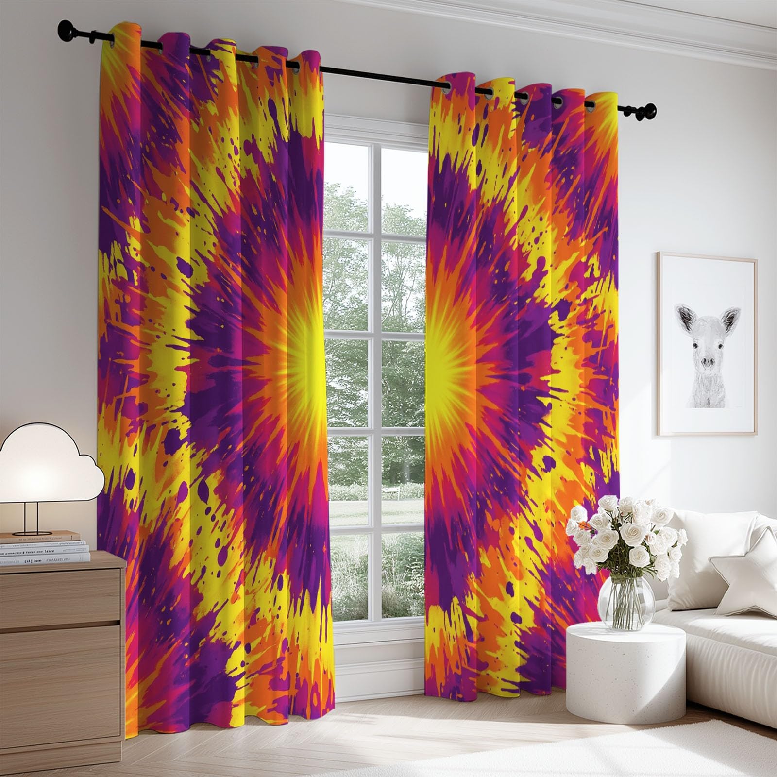 Zasłony zaciemniające z nadrukiem, psychodeliczne, 117 x 140 cm (2 panele) z abstrakcyjnym wzorem tie-dye, te zasłony zaciemniające zapewniają prywatność w sypialni