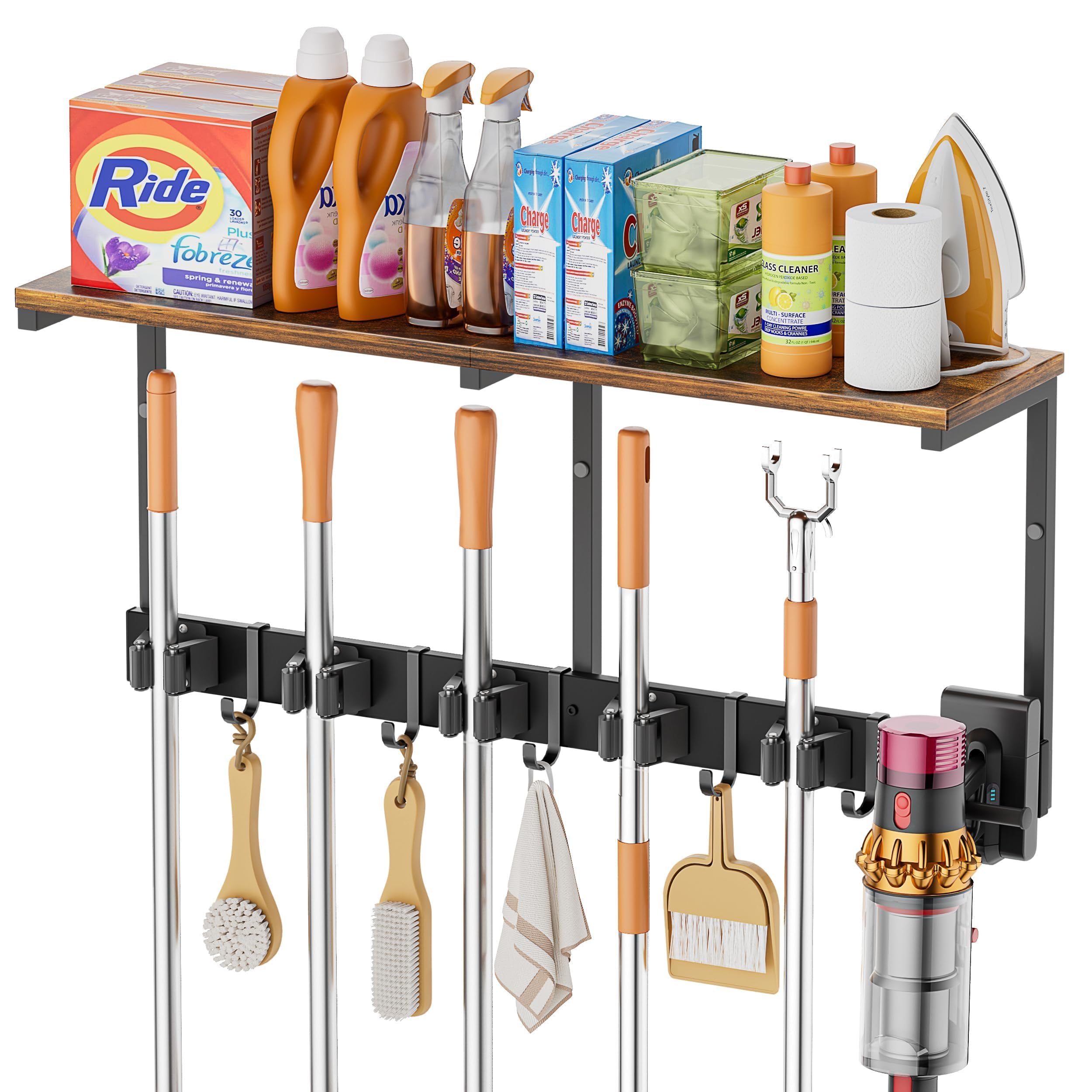 Porta Scope Parete, Portascope da Muro con 5 Supporti e 6 Ganci, Appendi Scope a Muro con Scaffali Organizzatori per Articoli di Pulizia, Ganci da Parete per Lavanderia Double-Sided