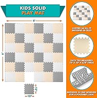 Vista 2 de ProSource Tapete de juego de espuma para niños y bebés con colores sólidos, 36 o 16 azulejos entrelazados con bordes, blanco/gris/beige