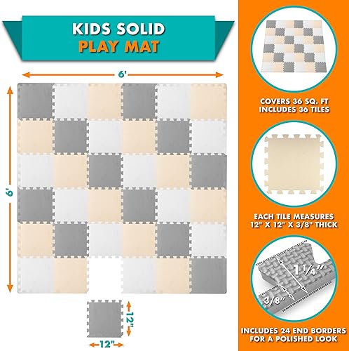 Miniatura 2 de ProSource Tapete de juego de espuma para niños y bebés con colores sólidos, 36 o 16 azulejos entrelazados con bordes, blancogrisbeige