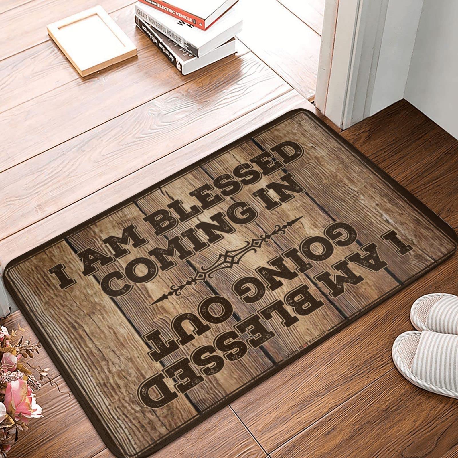 Felpudo para entrada exterior, divertido con texto en inglés "I Am Blessed Coming in and Going Out", felpudos divertidos para decoración de dormitorio al aire libre (tamaño: 65 x 90 cm)