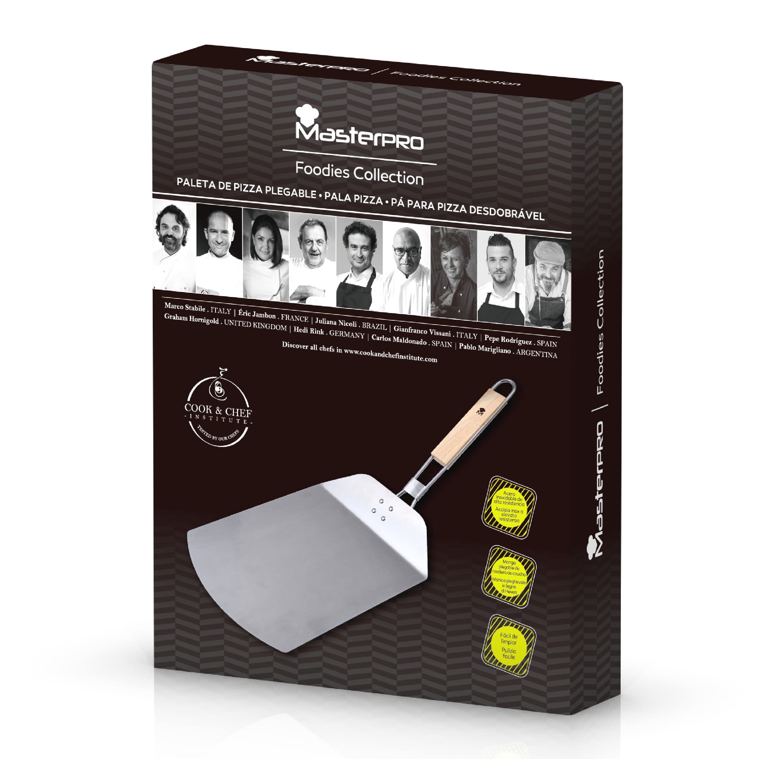 MasterPRO Foodies - Pala Horno para Pizza - Pala de Acero Inoxidable - Dimensiones 57.8 x 24.3 x 3.4 cm - Mango de Goma Color Madera - Extrae tus Pizzas del Horno de Manera Firme y Segura