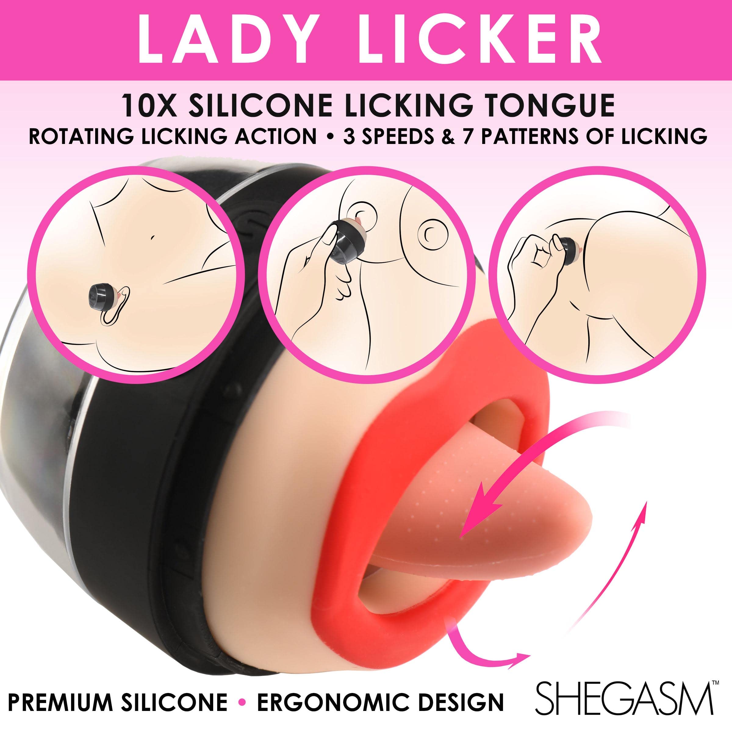 LICKGASM - Stimolatore clitorideo Lady Licker per donne e coppie, impermeabile e ricaricabile, 3 velocità e 7 modelli di leccatura in silicone di alta qualità, set da 3 pezzi, leggero