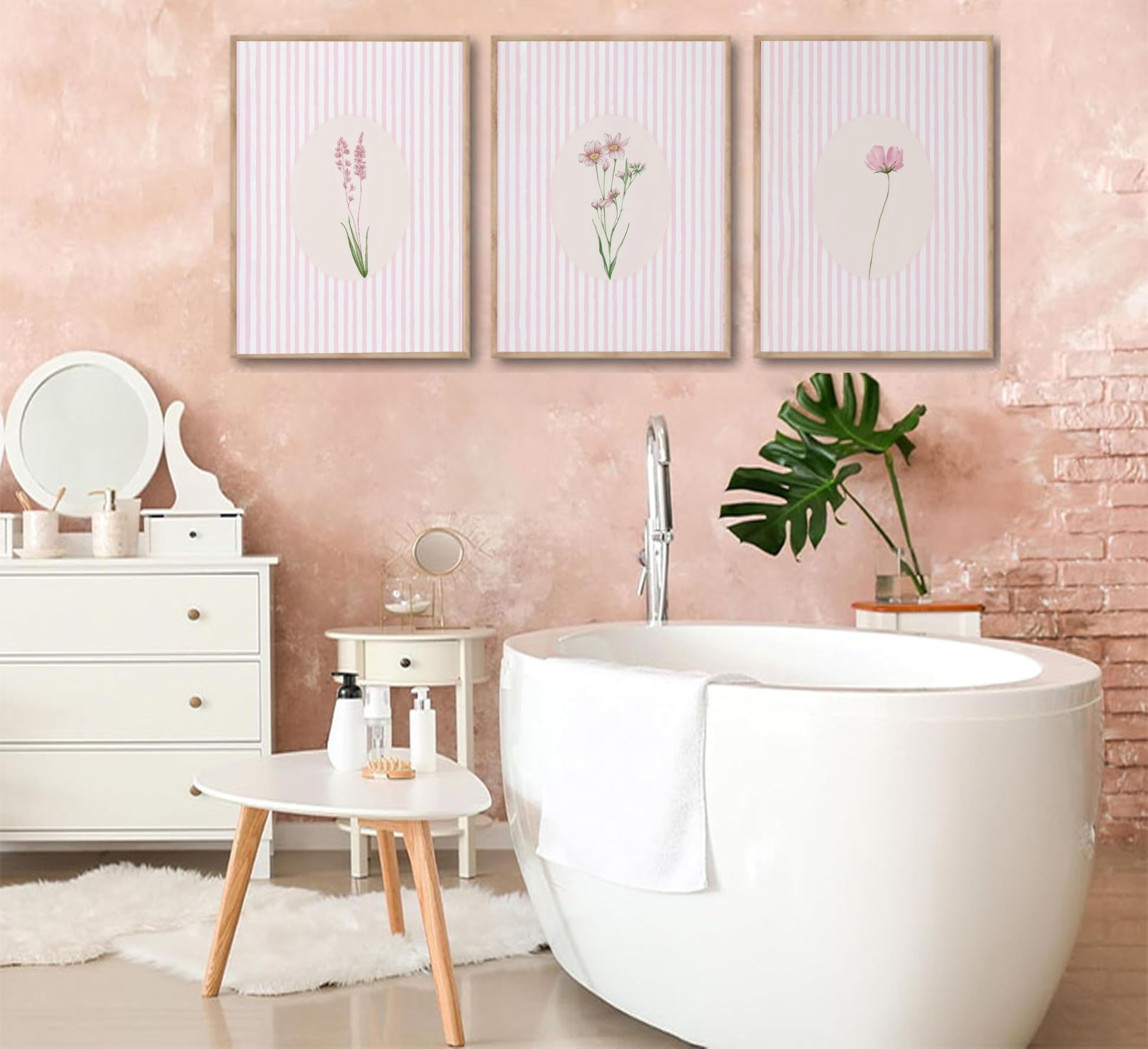 3 Pezzi di Quadri su Tela con Stampe Floreali a Righe Rosa, Dipinti Floreali minimalisti, Immagini botaniche, Decorazioni Preppy, Poster Bianchi, Stampe artistiche per Camera da Le