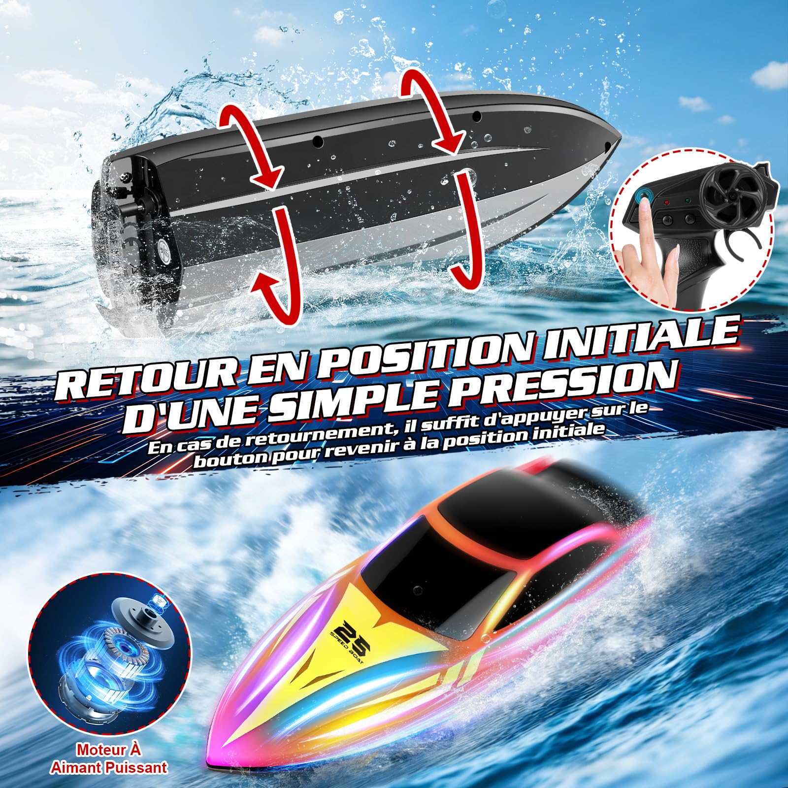 FORMIZON Bateau Télécommandé, 15km/h Bateau RC avec 7 Modes Lumières LED, 2.4GHZ Bateau Telecommandé Enfant pour Piscine et Lacs, Speedboat De Course RC autonomie 120 Minutes (Rouge)