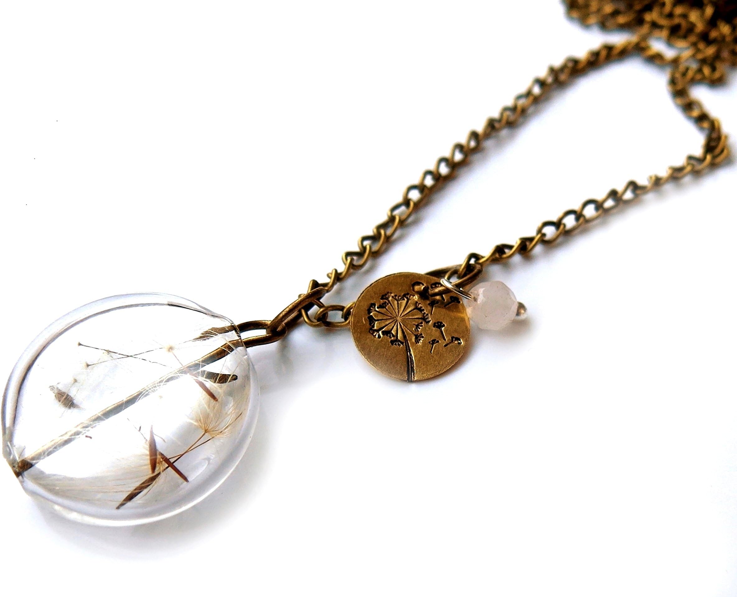 Ladyville Berlin Necklace with Hanger - Stamped Dandelion + Real Dandelion - Brass Colored
