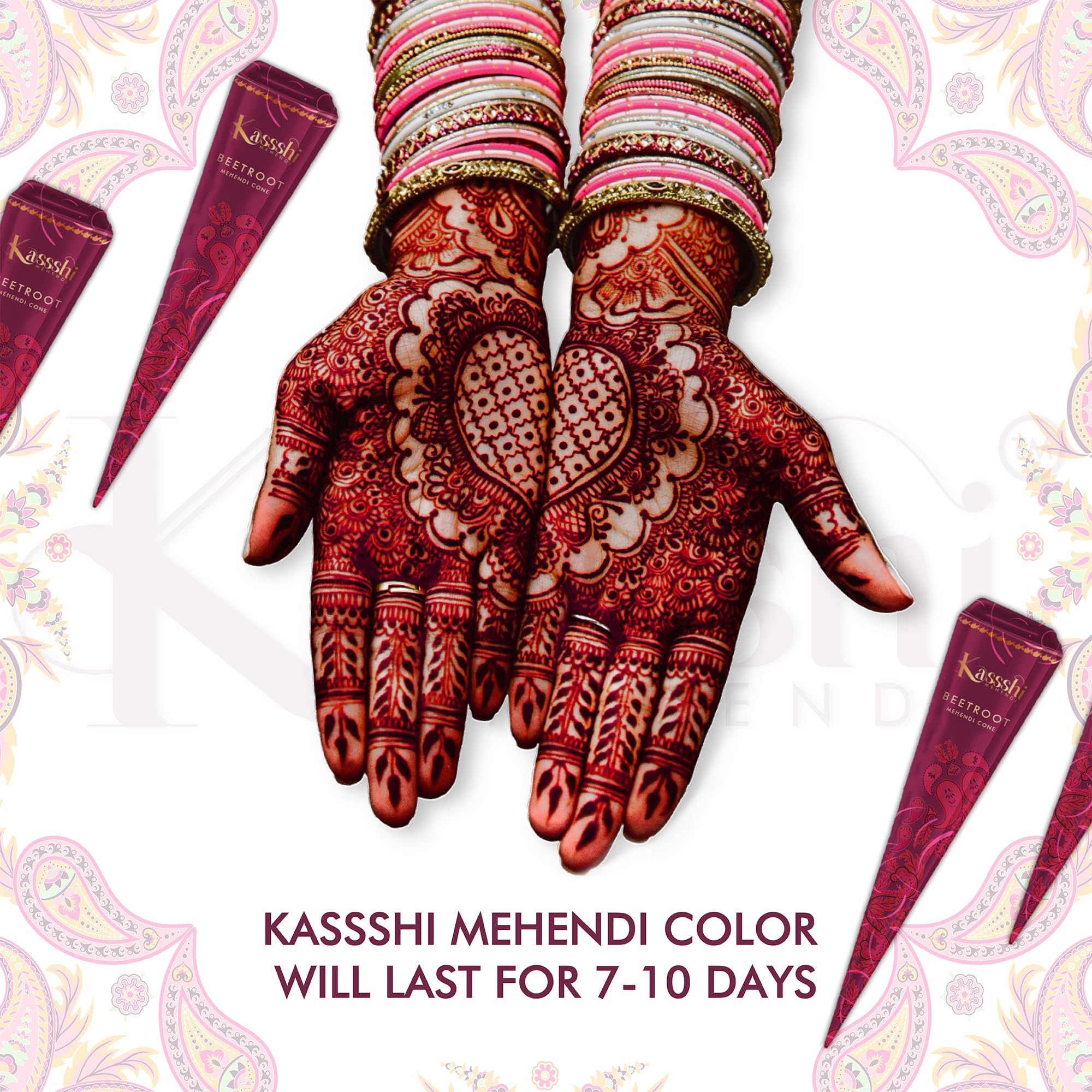 Kassshi Premium Mehendi Cones β Pack of 4 Variants | Quick Peel Formula for Dark Colour | Smooth Flow | Skin Safe | Long Lasting 2