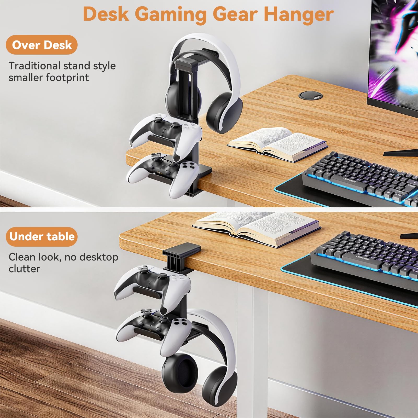 Kosker Porta Cuffie e Joystick da Scrivania con Altezza Regolabile, Supporto Controller da Sopra e Sotto il Tavolo per PS5/Xbox/Switch, Support Accessori Scrivania con Rotazione a 360°