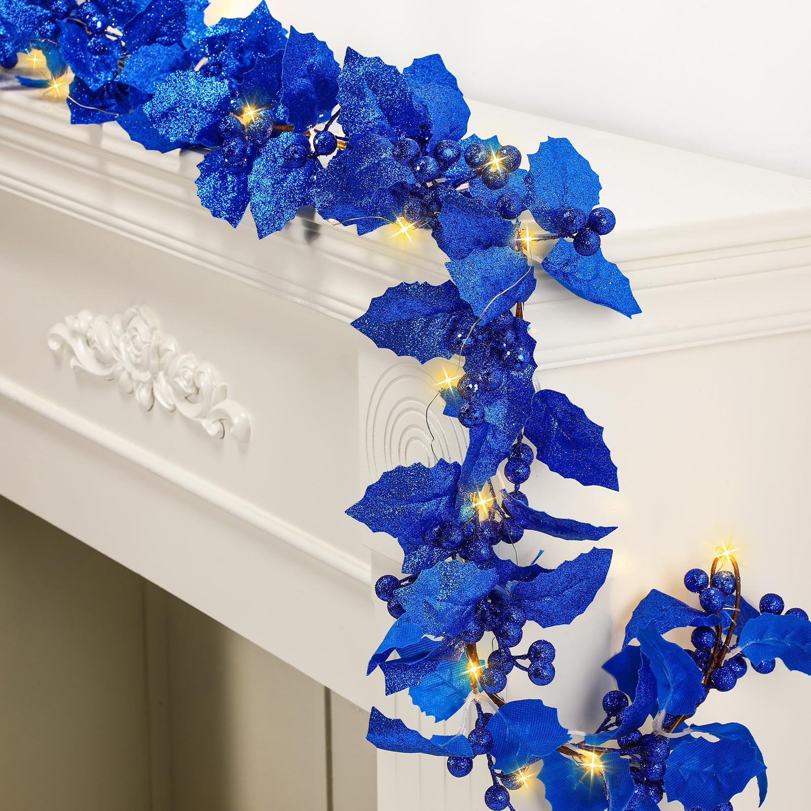 Syhood Guirlande de baies de Noël de 1,8 m - Guirlande lumineuse de feuilles de houx artificielles pour intérieur - Décoration d'automne et de Noël - Guirlande lumineuse pour cheminée, cheminée - Bleu