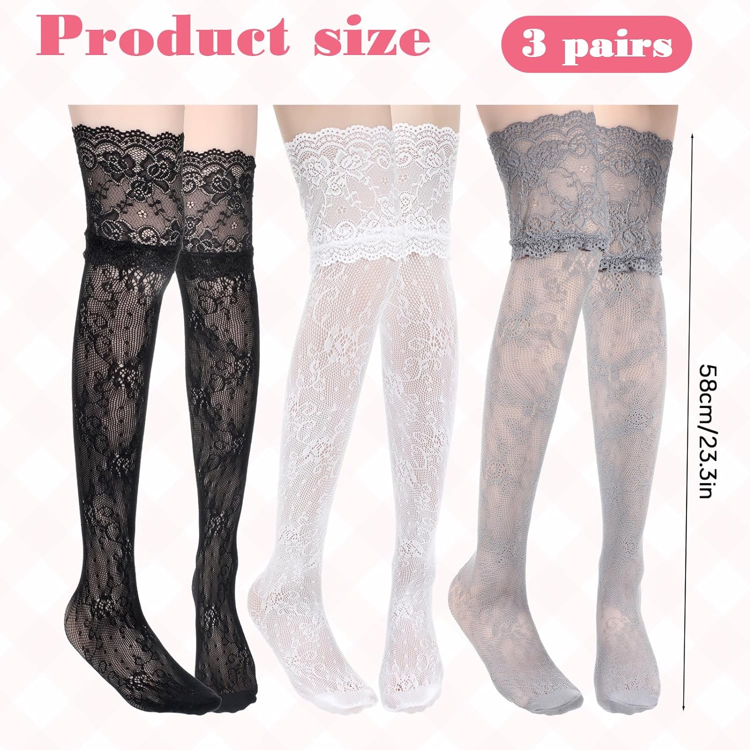 3 Pairs Women's Lace Socks, Lace Knee High Socks with Trim, Kawaii Lolita Stocking Hollowing Out Long over Knee Stocking for Women, Black White Gray - Image 4
