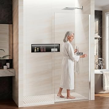 Upgraded 34" x 74" Fixed Shower Panel, 3/8" 10mm Thick Frameless Tempered Glass Walk in Shower Screen, Chrome Finish with Hardware, Easy to Clean Shower Door